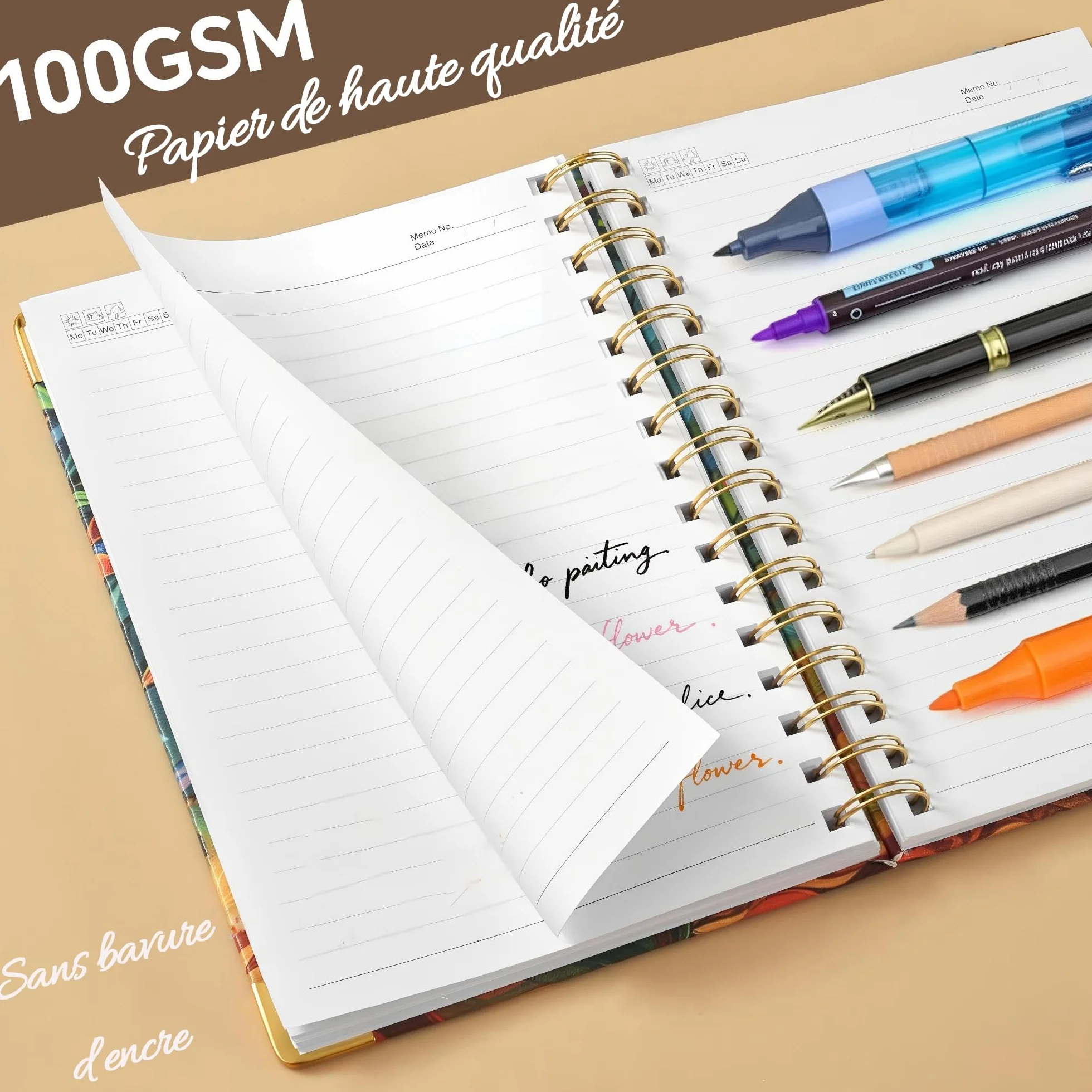 Carnet Spirale A5 Cahier Couverture Rigide 176 Pages Papier Premium 100 g/m² Fleurs de Vie Élastique Porte-Stylo Poche Intérieure