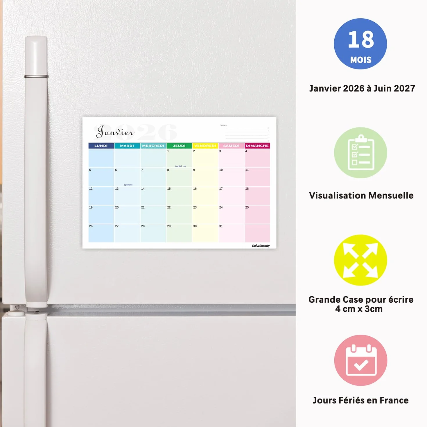 Calendrier Mural 2026 18 Mois Magnétique Frigo 31x21cm Planificateur Mensuel avec Jours Fériés