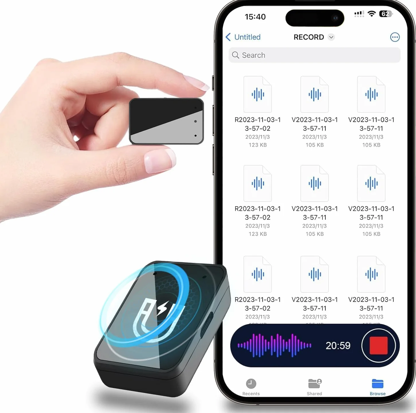 Enregistreur Vocal Magnétique 16 Go Réduction du Bruit USB-C Rechargeable Audio Portable