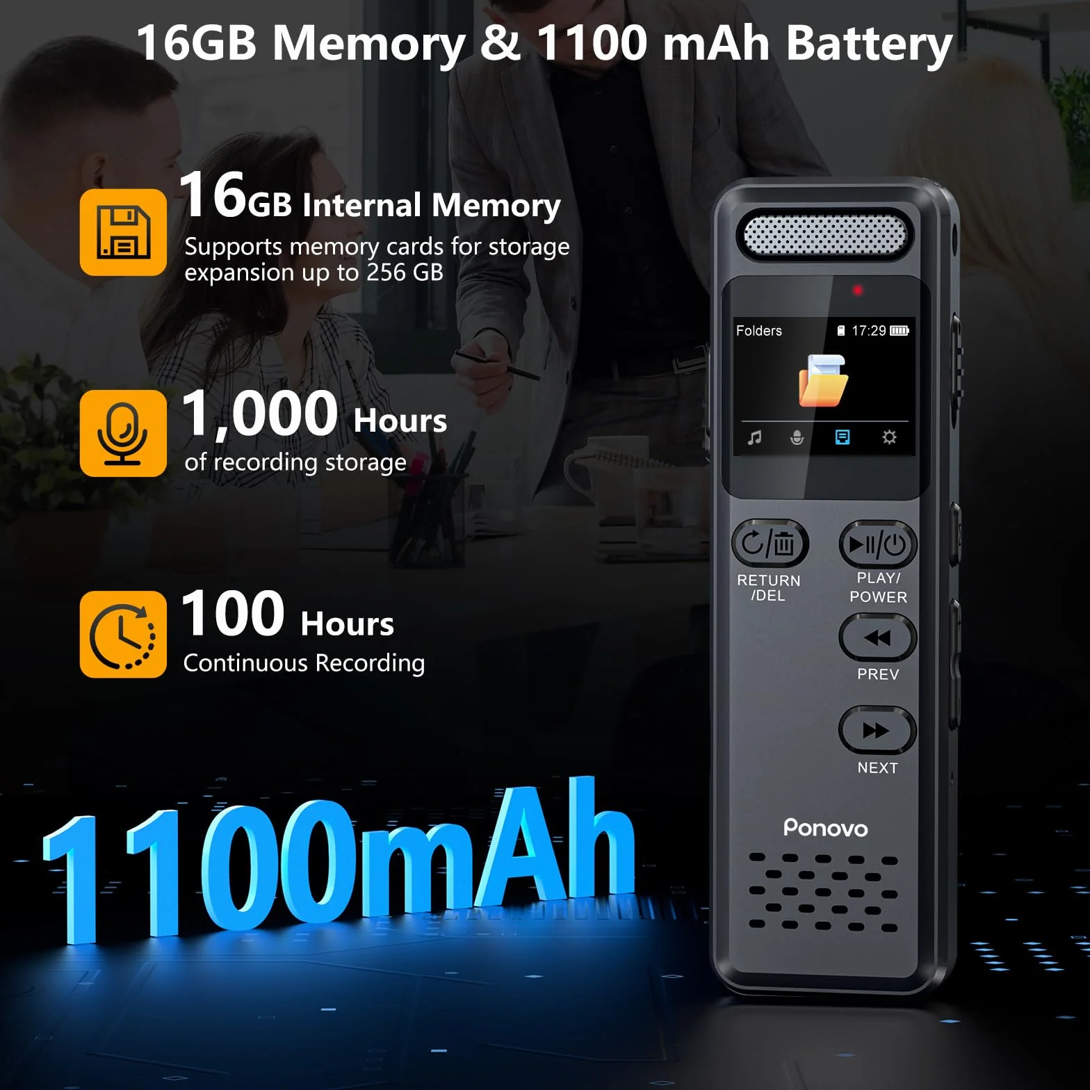 Ponovo Enregistreur Vocal Numérique 16Go 100H 1536Kbps Activation Vocale 1100mAh