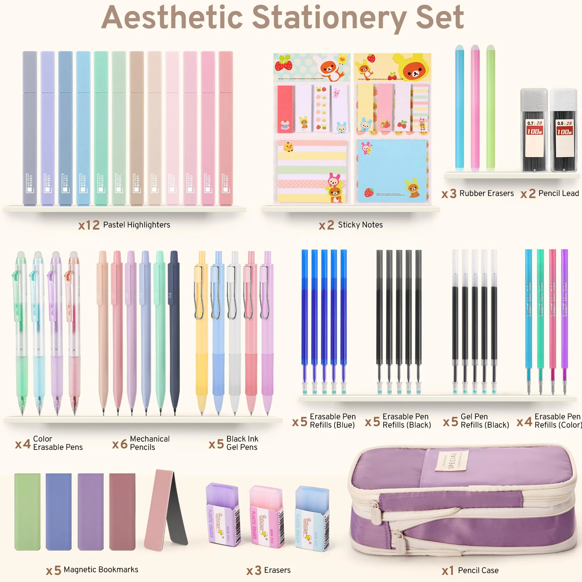 DazSpirit 62 Set de Papeterie Aesthetic avec Trousse Pliable, Surligneurs Pastel, Stylos Effaçables, Stylos Gel, Porte-mines, Notes Adhésives – Fournitures Scolaires Violet
