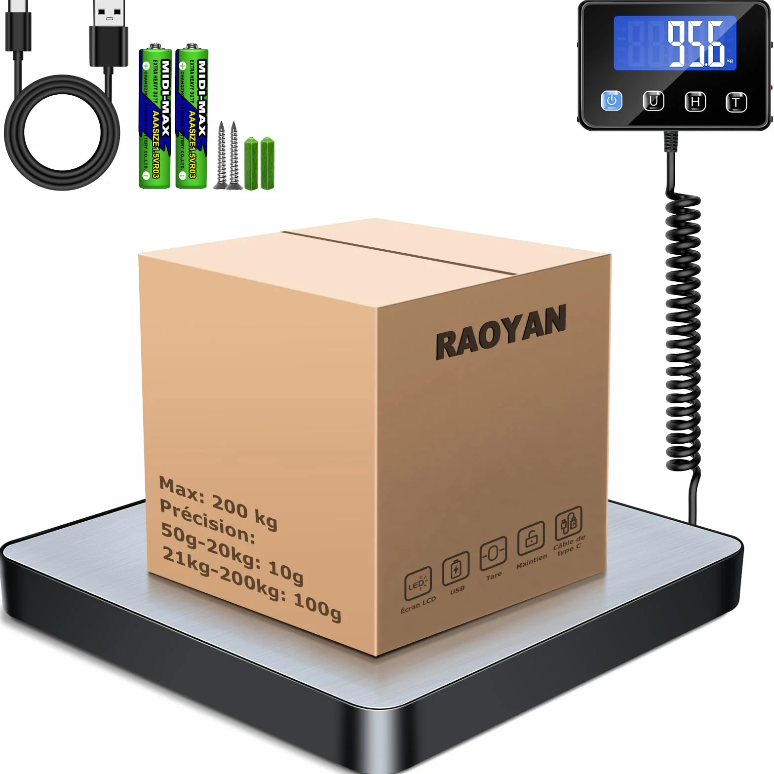 Balance Colis 200kg/10g Haute Précision Acier Inoxydable avec Fonction Hold/Tara, Balance Postale Numérique Écran LCD