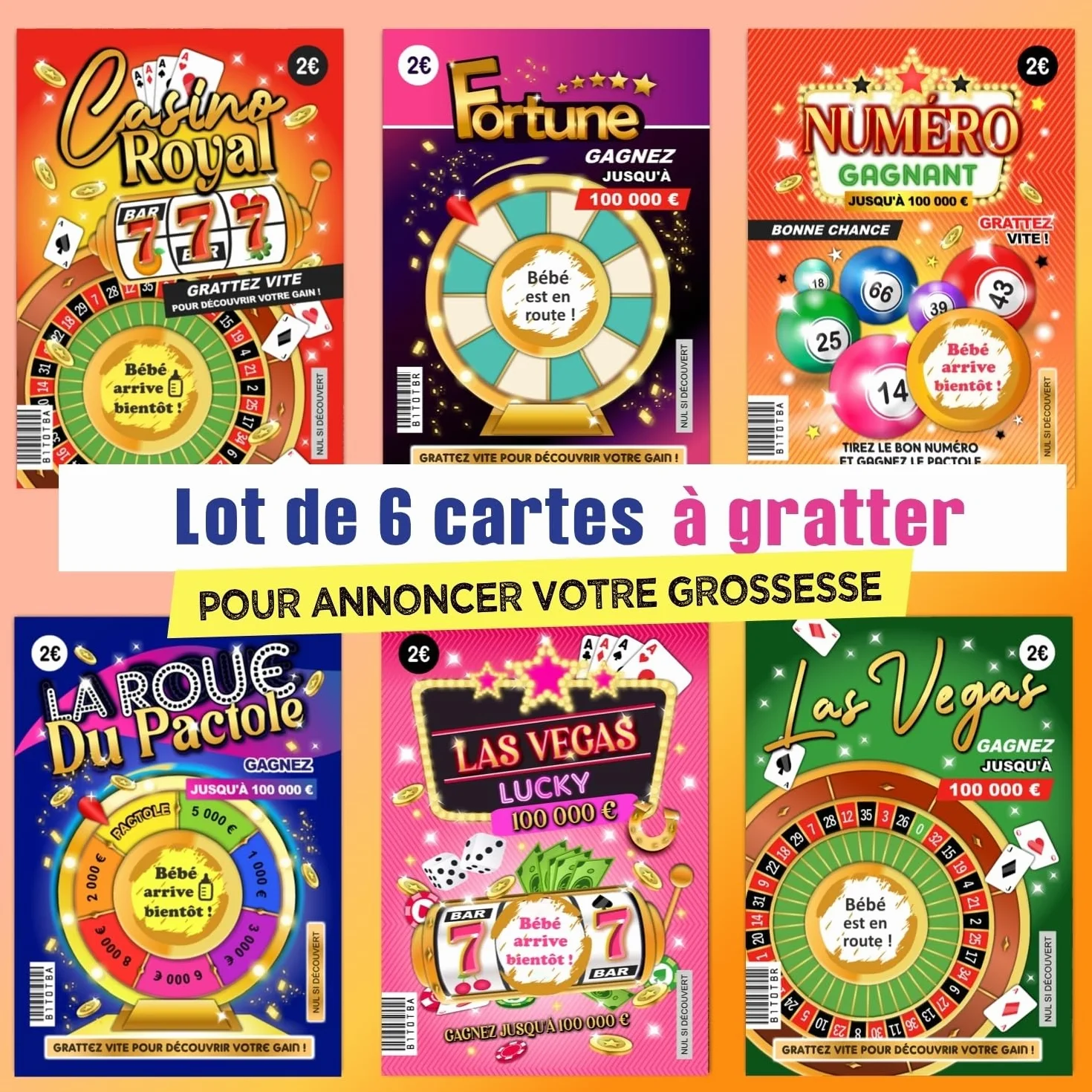 Cartes à gratter Annonce Grossesse Bébé Bientôt - Lot de 6 Tickets de Jeu pour Mamie Papy Tonton Tata