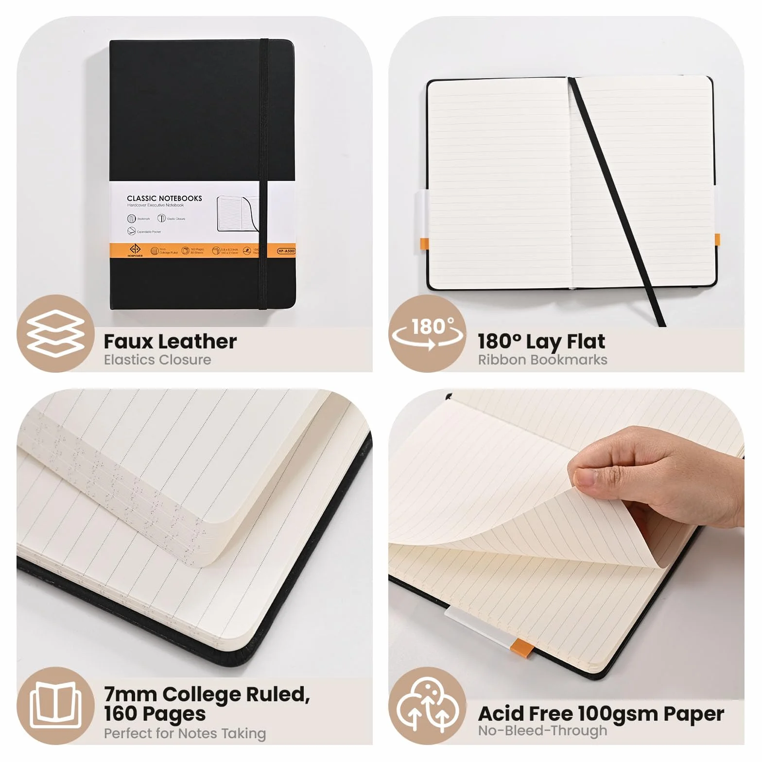 Carnets de notes lignés A5 14 x 21 cm 160 pages papier 100 g/m² couverture rigide Noir Pack de 3