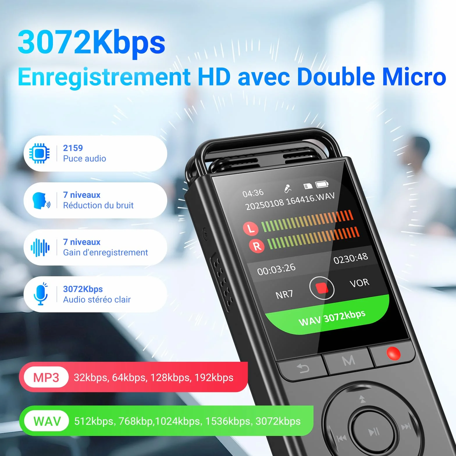 Dictaphone Enregistreur Vocal Numérique 144 Go, Audio HD 3072 Kbps, Réduction du Bruit