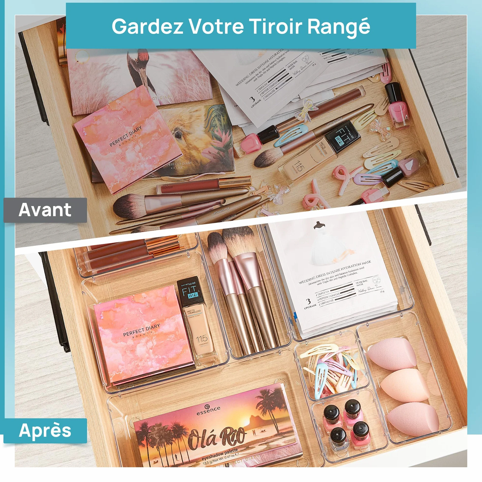 Vtopmart Lot de 15 Organisateurs de Tiroir en Plastique Transparent 4 Tailles pour Salle de Bain
