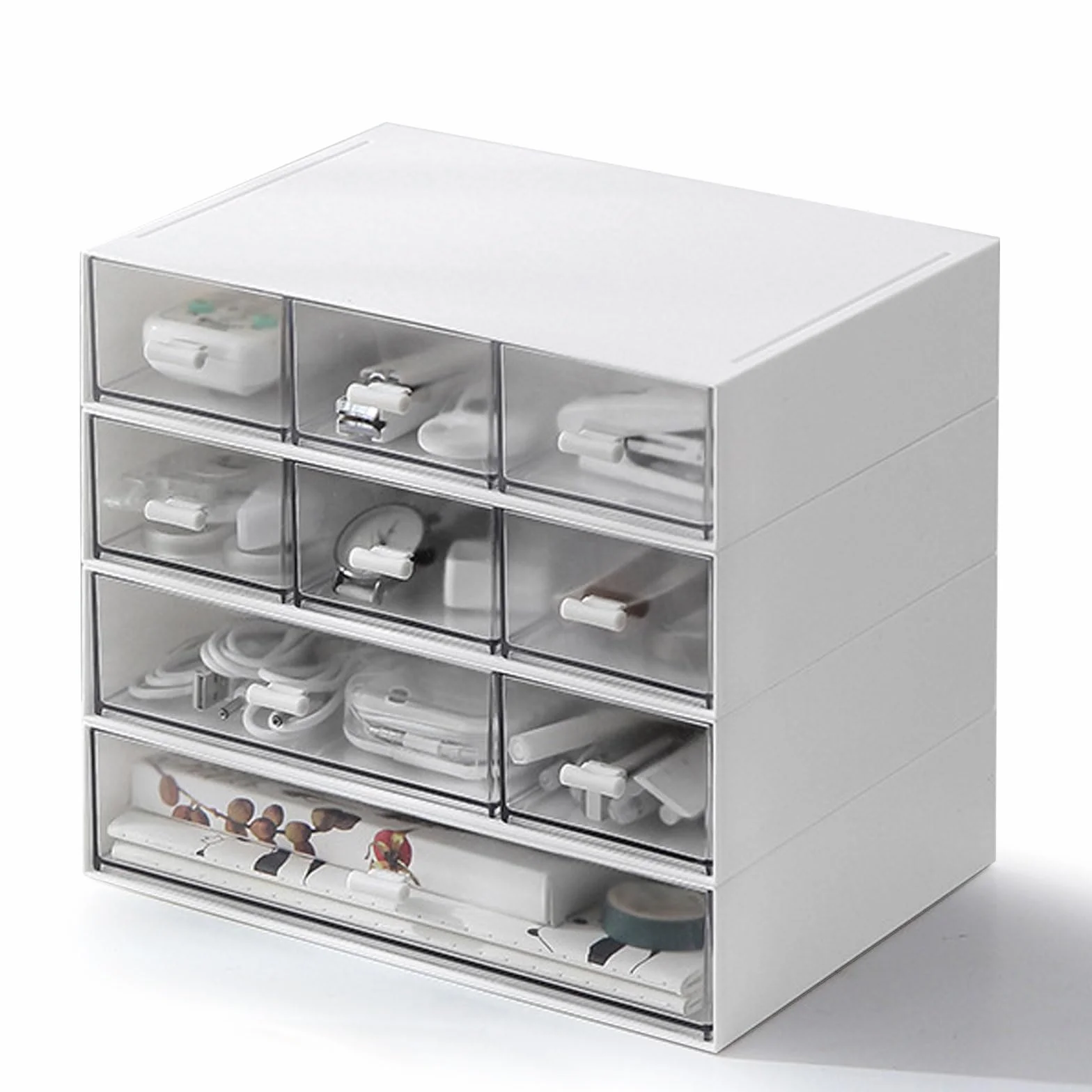 Organiseur de bureau empilable 9 tiroirs 4 niveaux rangement plastique blanc maquillage bijoux fournitures stylos