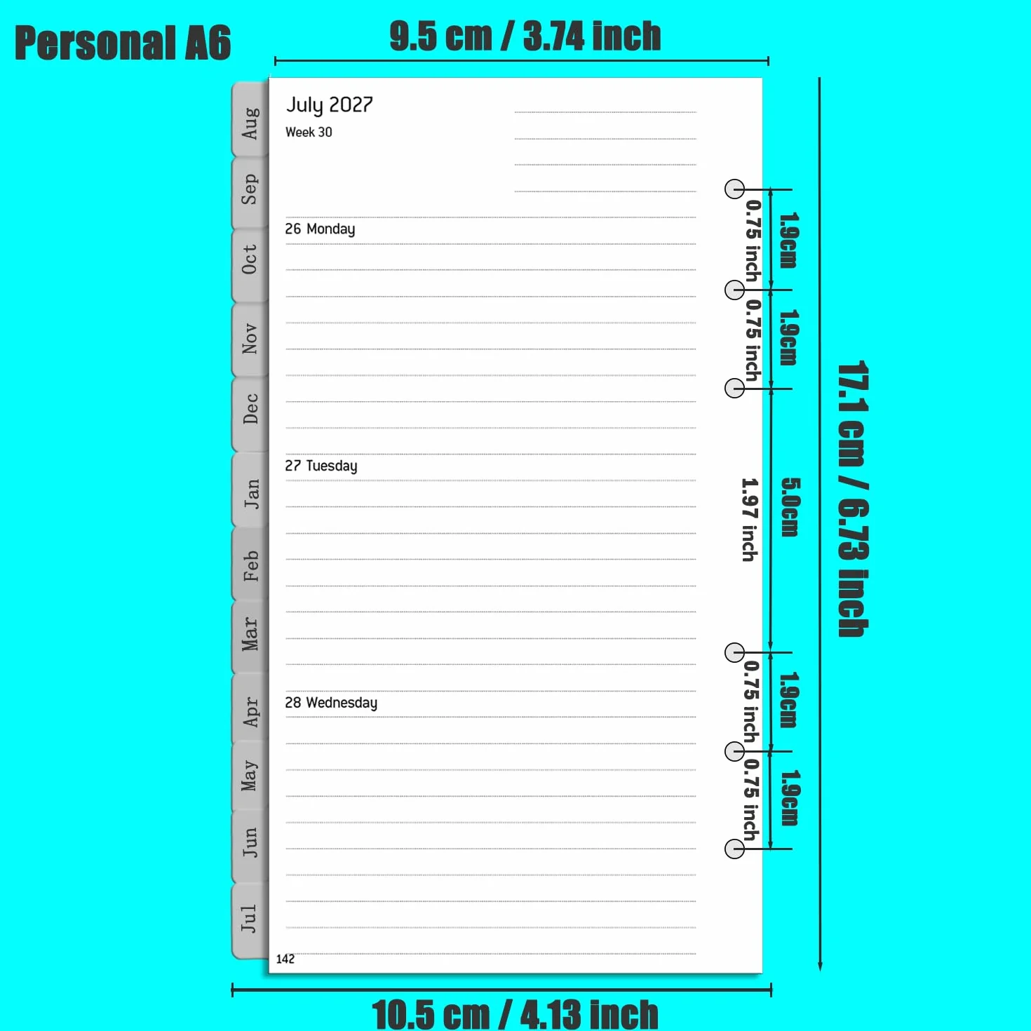 Planificateur Personnel A6 2026-2027, 1 Semaine 2 Pages, 100 GSM, Insert Calendrier 26/27