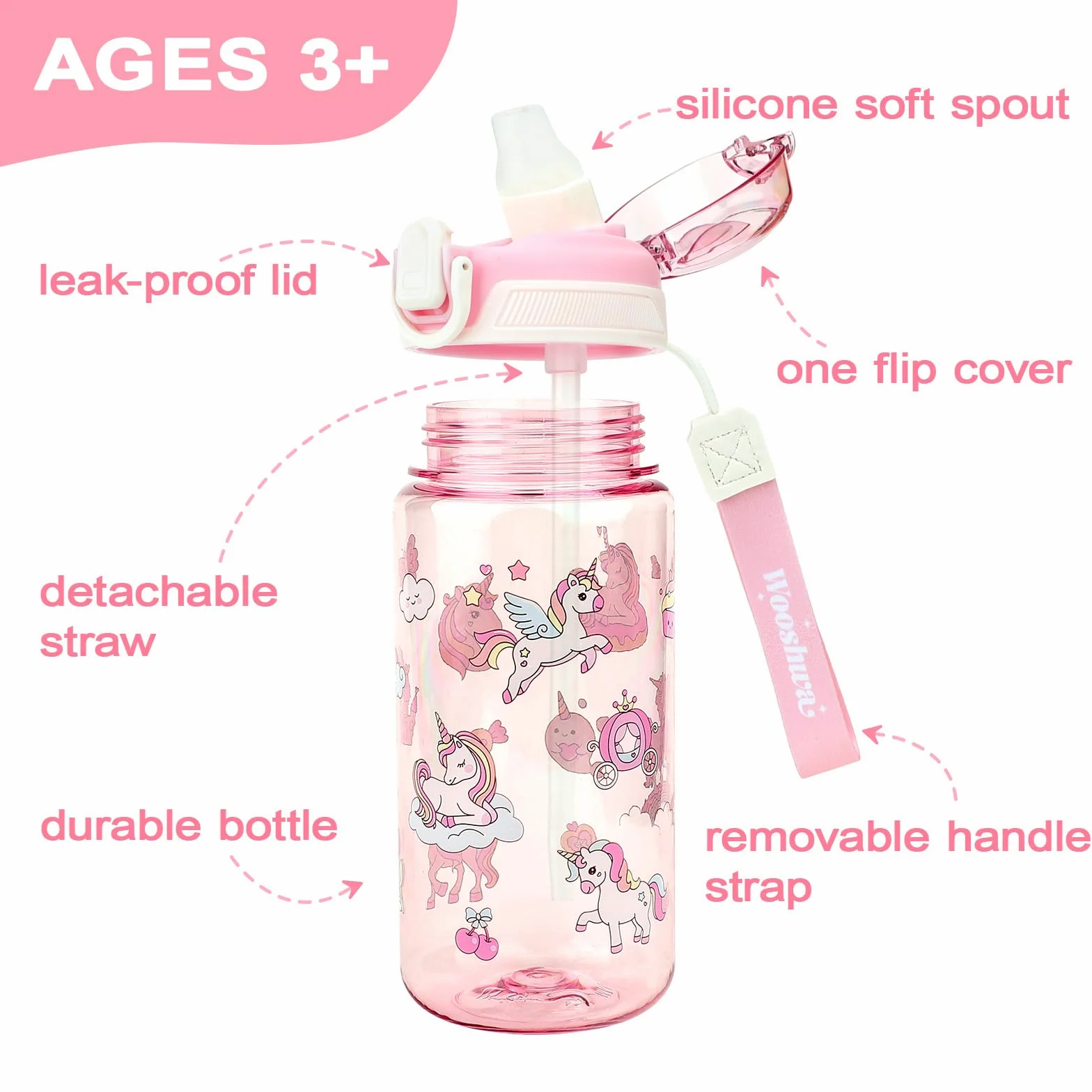 Gourde Enfant 600 ml Anti-Fuite Étanche sans BPA Bouteille Eau Licorne