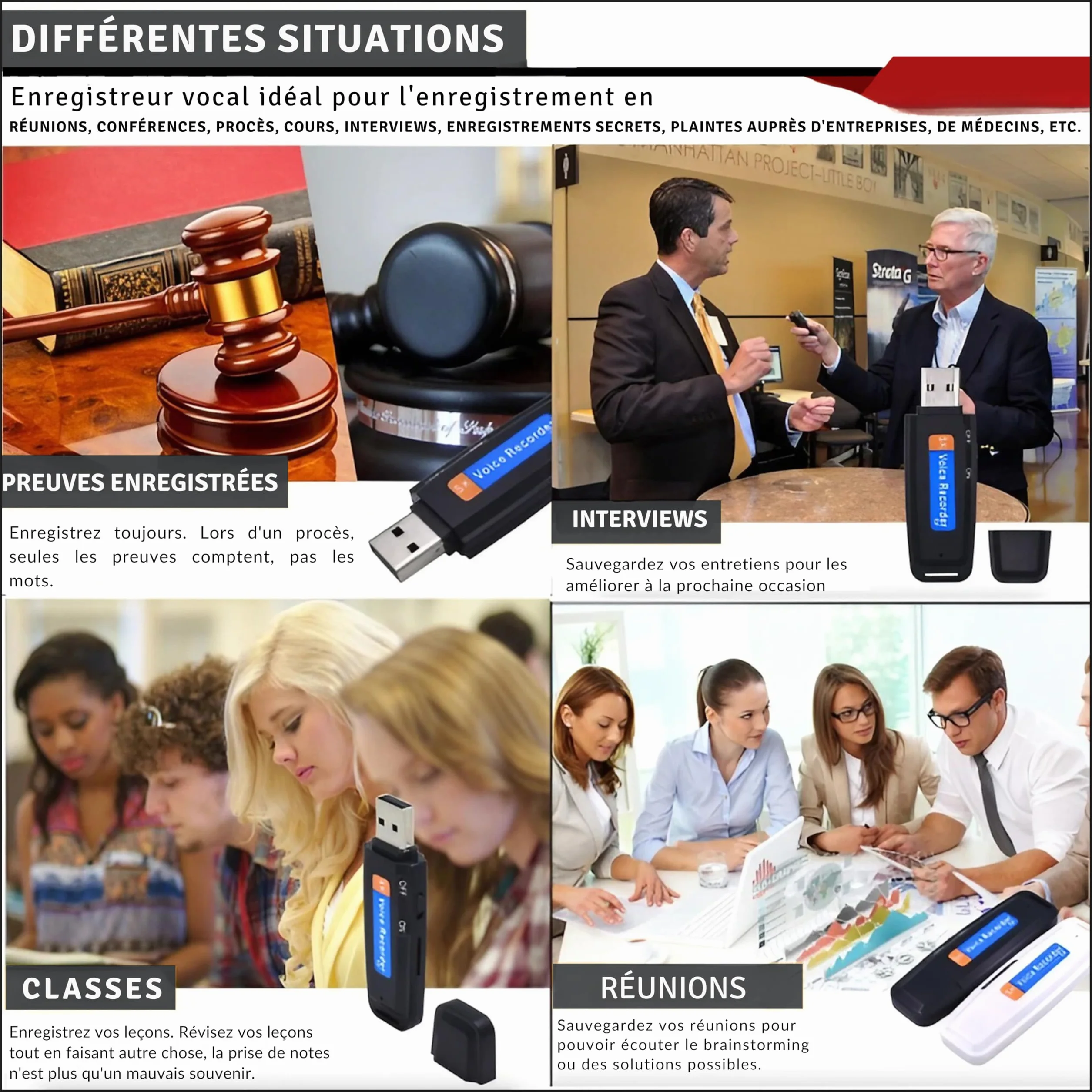 Enregistreur Vocal Numérique USB 32 Go Mini Dictaphone Portable avec Activation Vocale
