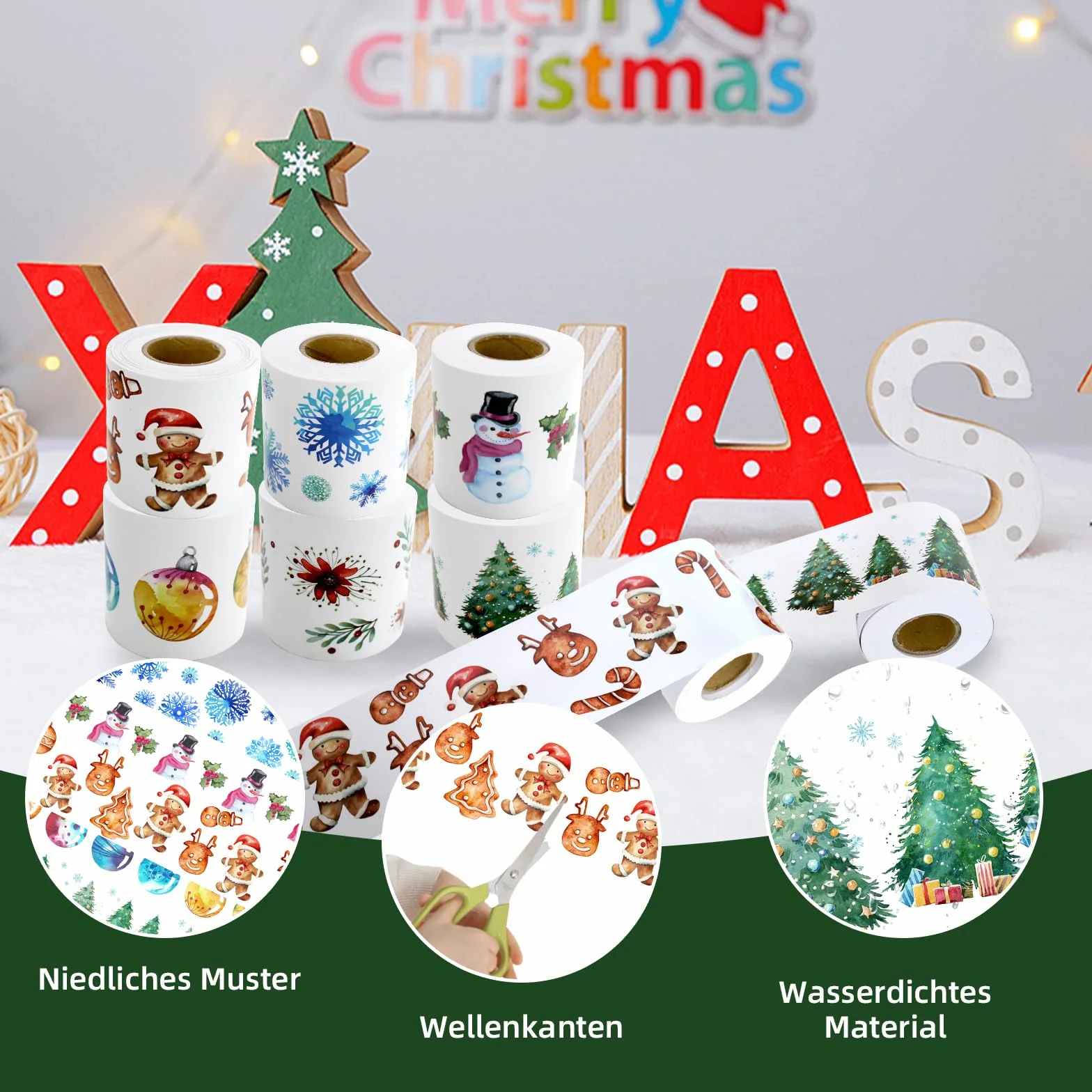 Lot de 6 Bordure de Tableau d'Affichage 10 m, Bonhomme de Neige, Sapin de Noël, Bonhomme en Pain d'Épice, Décoration Vacances, Autocollants Festonnés