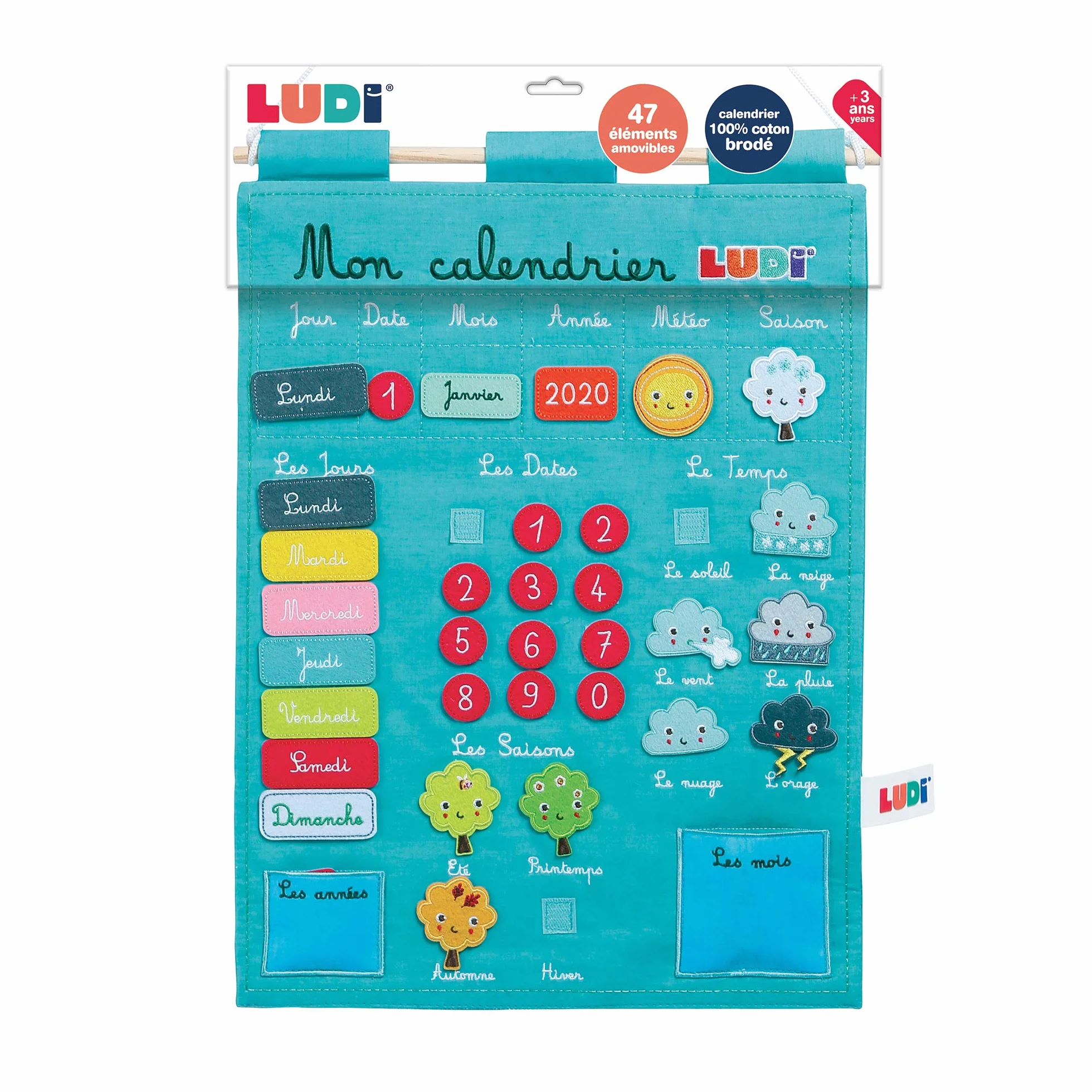 LUDI Calendrier éducatif bleu en tissu brodé 45 étiquettes amovibles à scratch 40 x 53 cm dès 3 ans