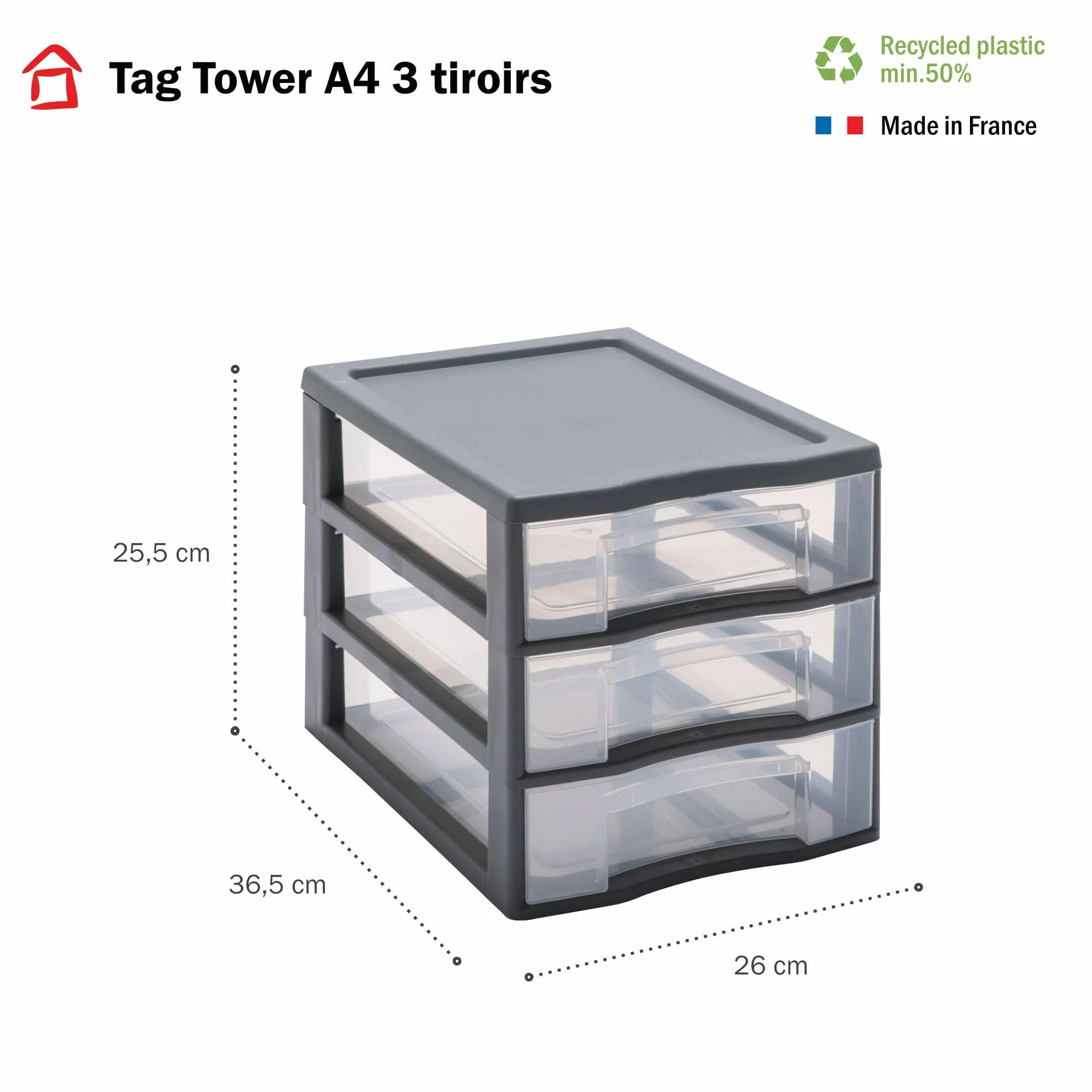 SUNDIS Tag Tower, petite tour de rangement en plastique gris, 3 tiroirs transparents format A4, hauteur 25,5 cm, superposable