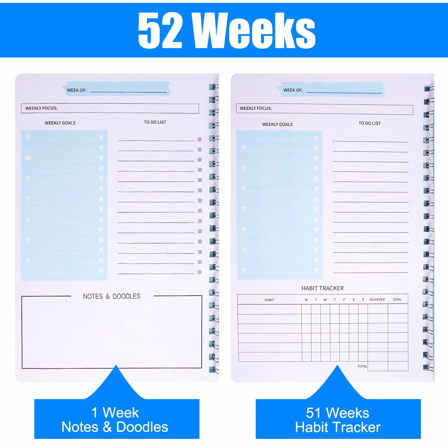 Agenda Hebdomadaire Non Daté 20,8x14,2 cm Semainier 2026 Spirale A5 Weekly Planner Couverture Imperméable Papier 100g/m² Bleu