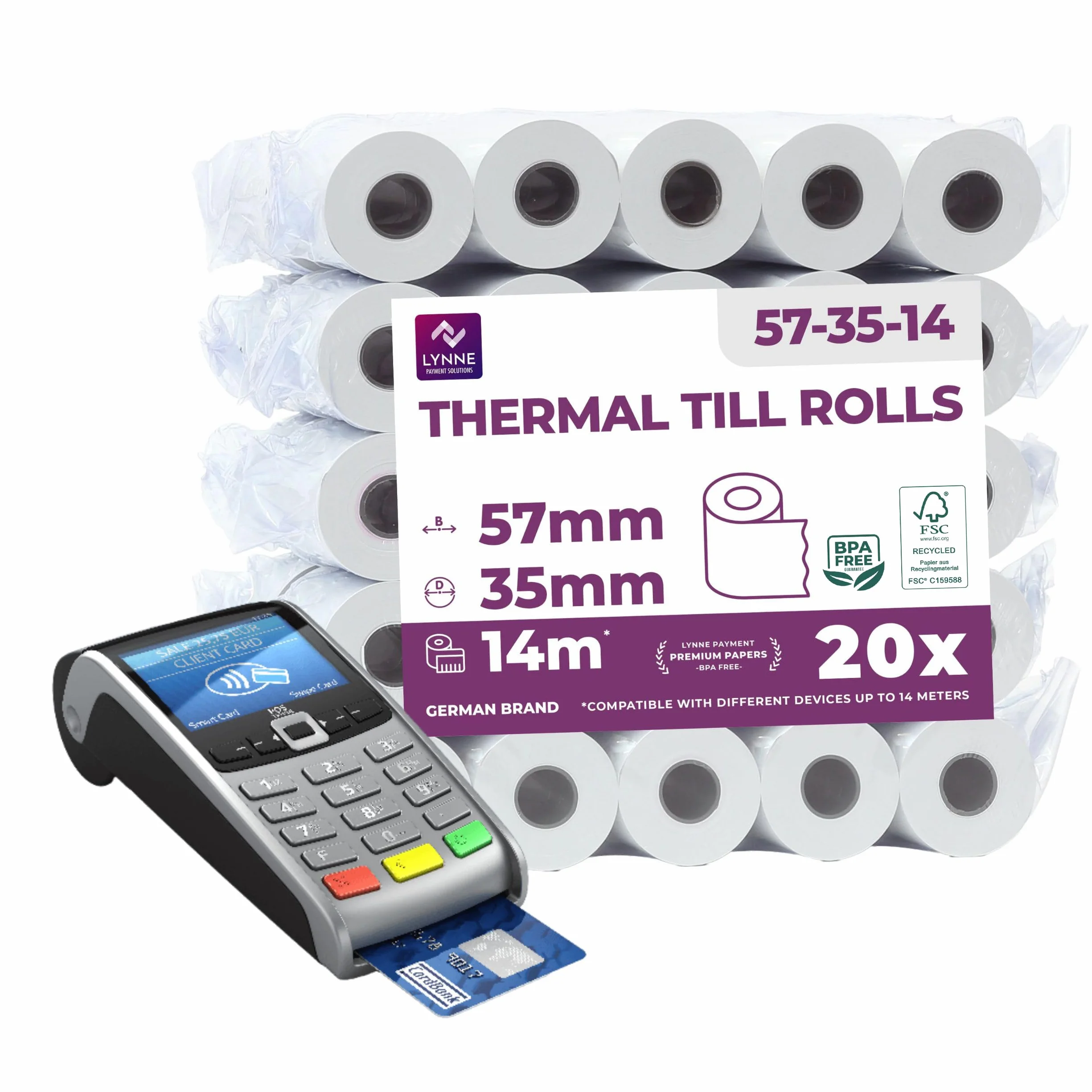 Rouleau TPE Carte Bancaire 57x35x12 - Bobine Papier Thermique 57mm x 14m x 12mm - sans BPA - 20x