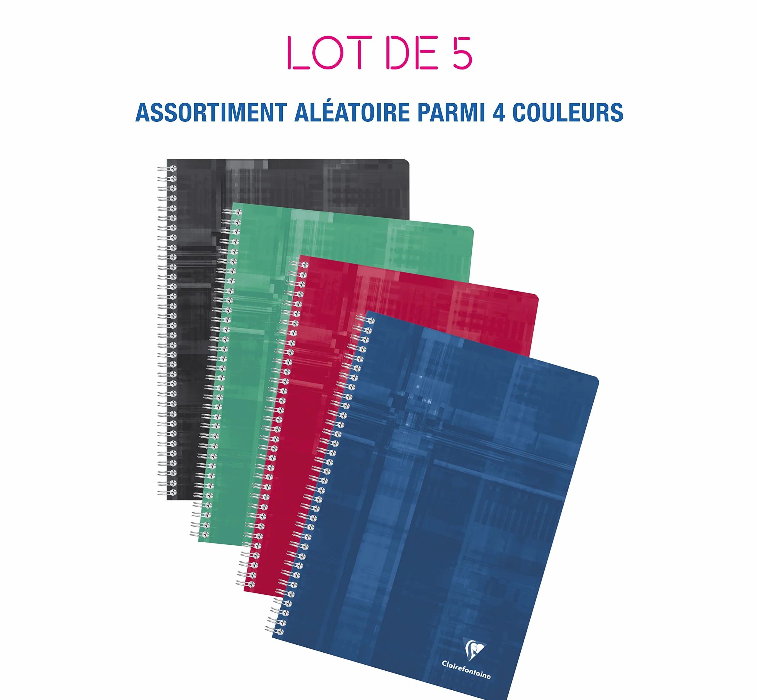 Clairefontaine Lot de 5 Cahiers à Spirale A4 21x29,7 cm 180 Pages Grands Carreaux 90 g