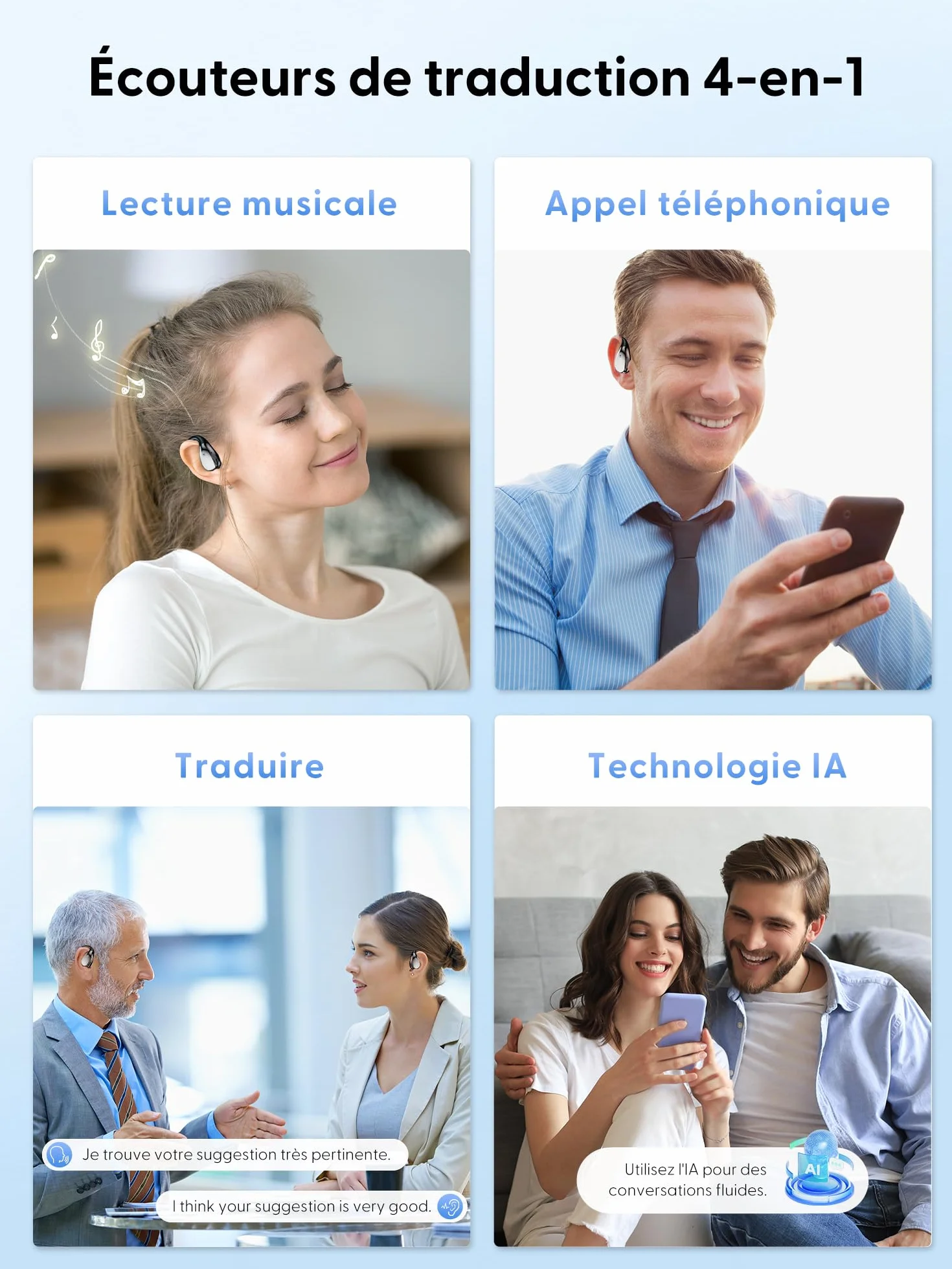 Écouteur Traducteur Instantané AI Vocal 164 langues Bluetooth 6.0 3 en 1 40H autonomie Casque sans fil 7 modes