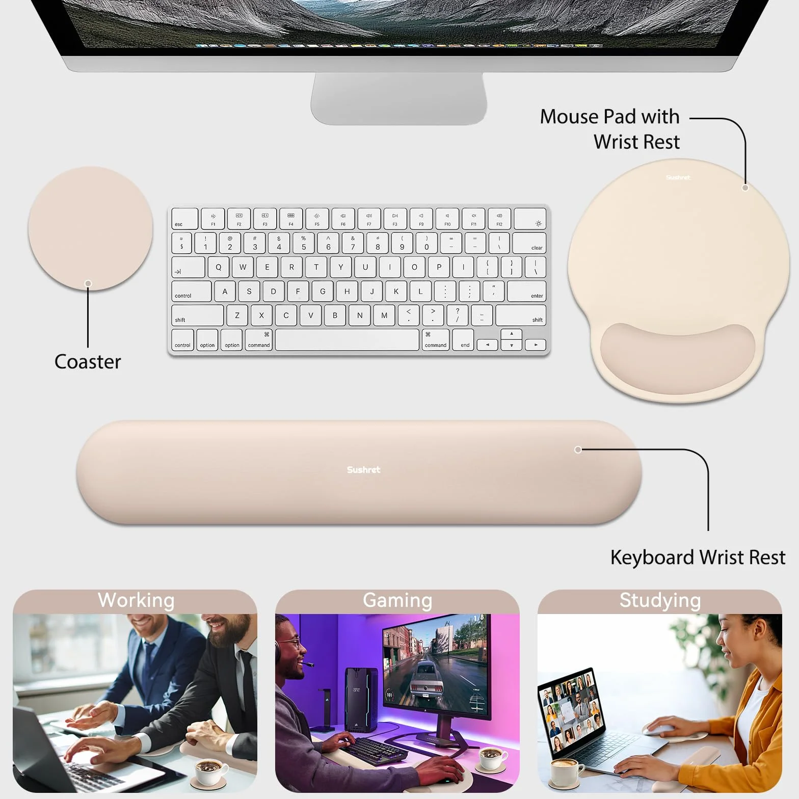 Sushret Tapis de Souris et Repose-Poignet Clavier, Ensemble 3-en-1 Ergonomique Gel Mémoire