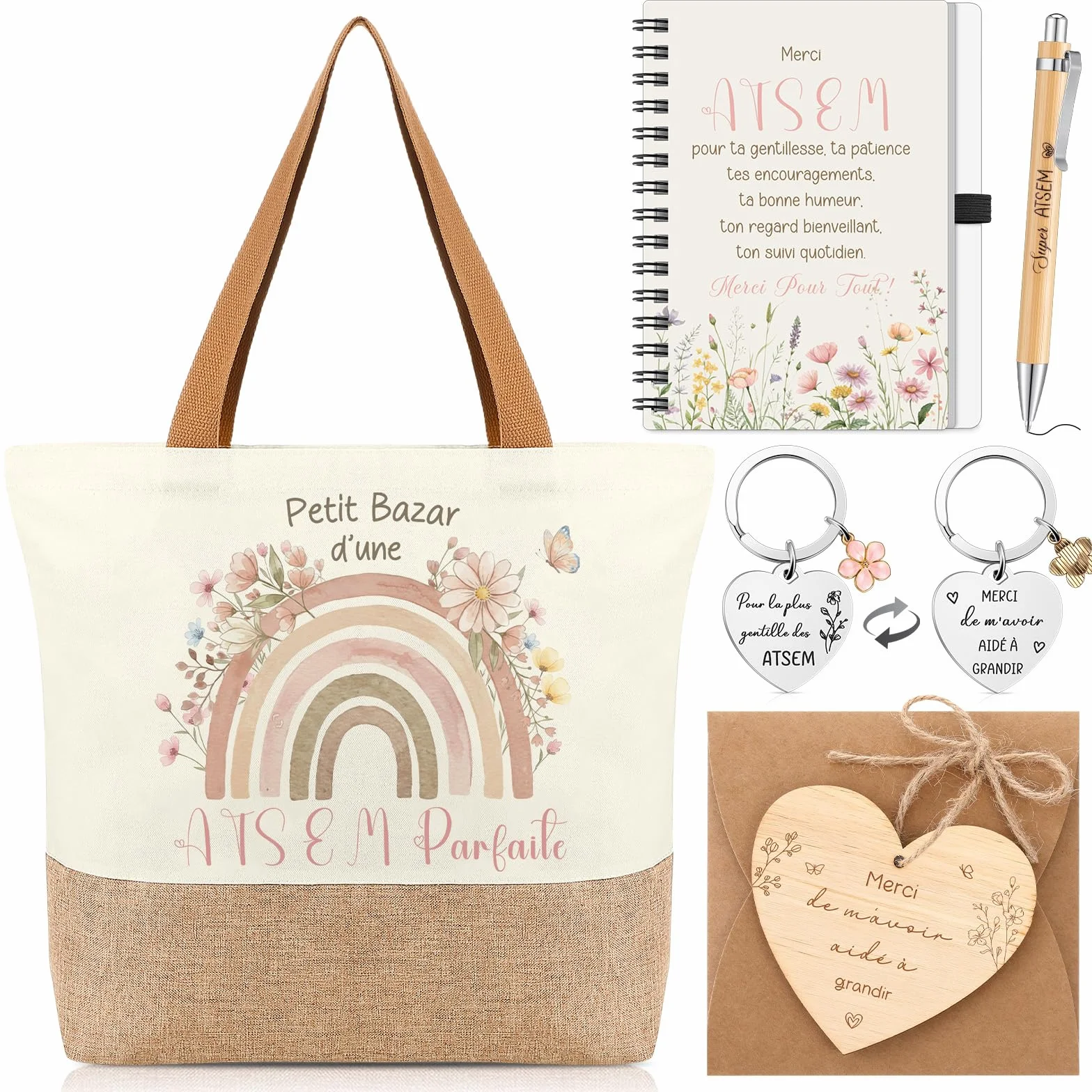 Cadeaux Merci pour ATSEM Sac Fourre-Tout Porte-Clés Stylo Carnet à Spirale Enveloppe Plaque de Cœur Fin d'Année