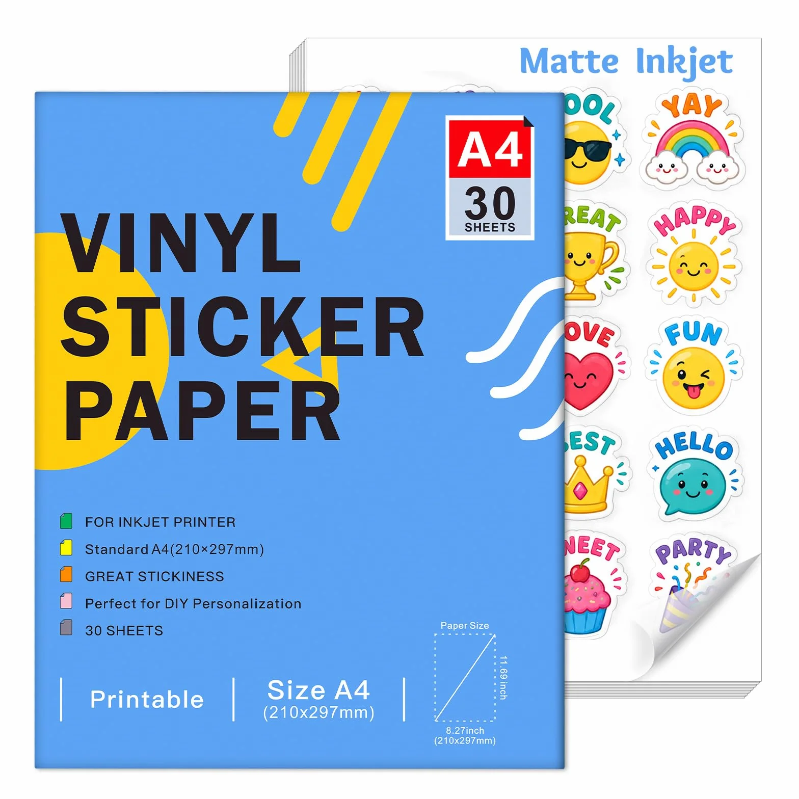 Papier Autocollant en Vinyle Blanc Mat Imprimable A4 297 x 210 mm 30 Feuilles pour Imprimante Jet d’Encre Compatible Cricut Silhouette