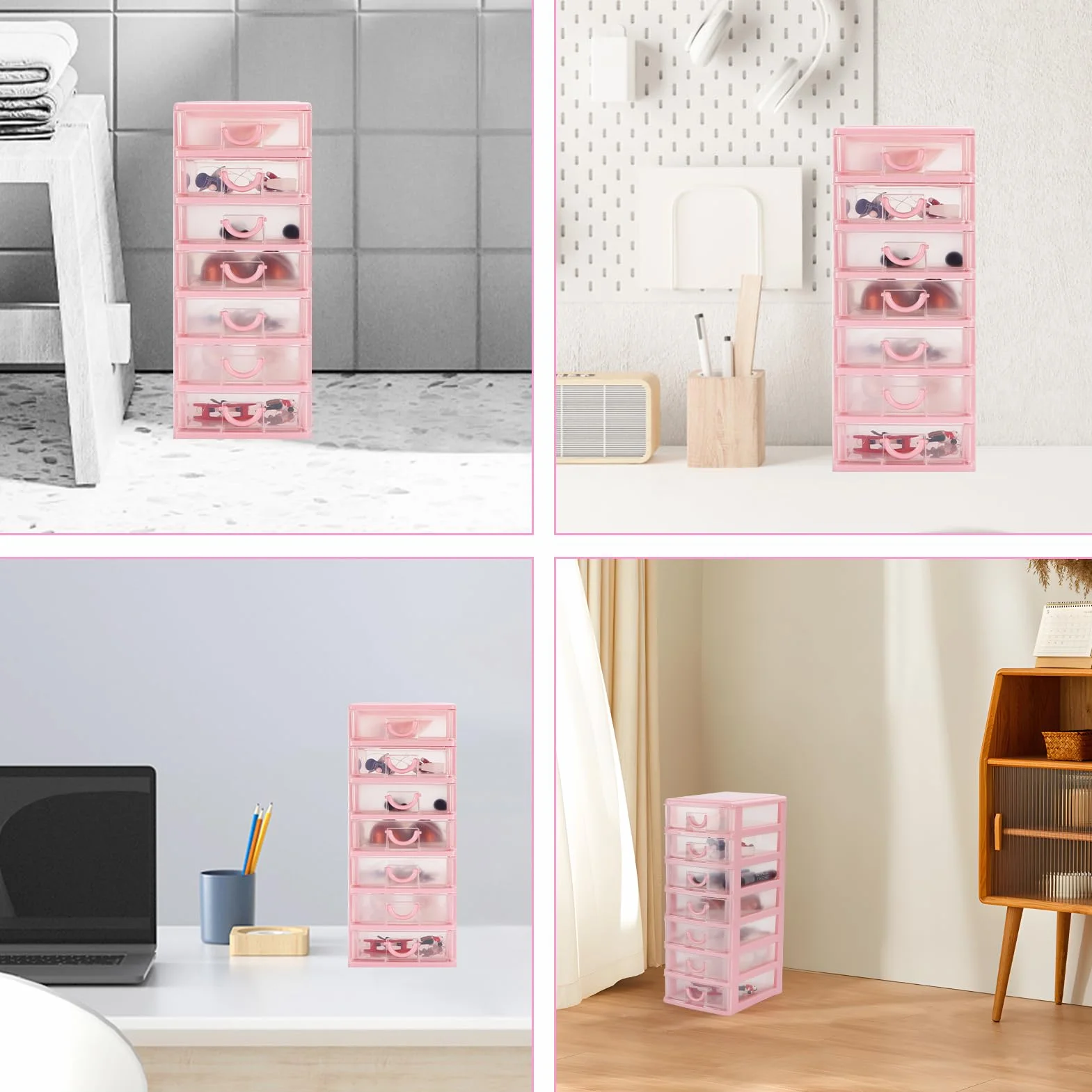 Mini organiseur en plastique 7 tiroirs transparents rangement bureau 18 x 13 x 33,5 cm rose