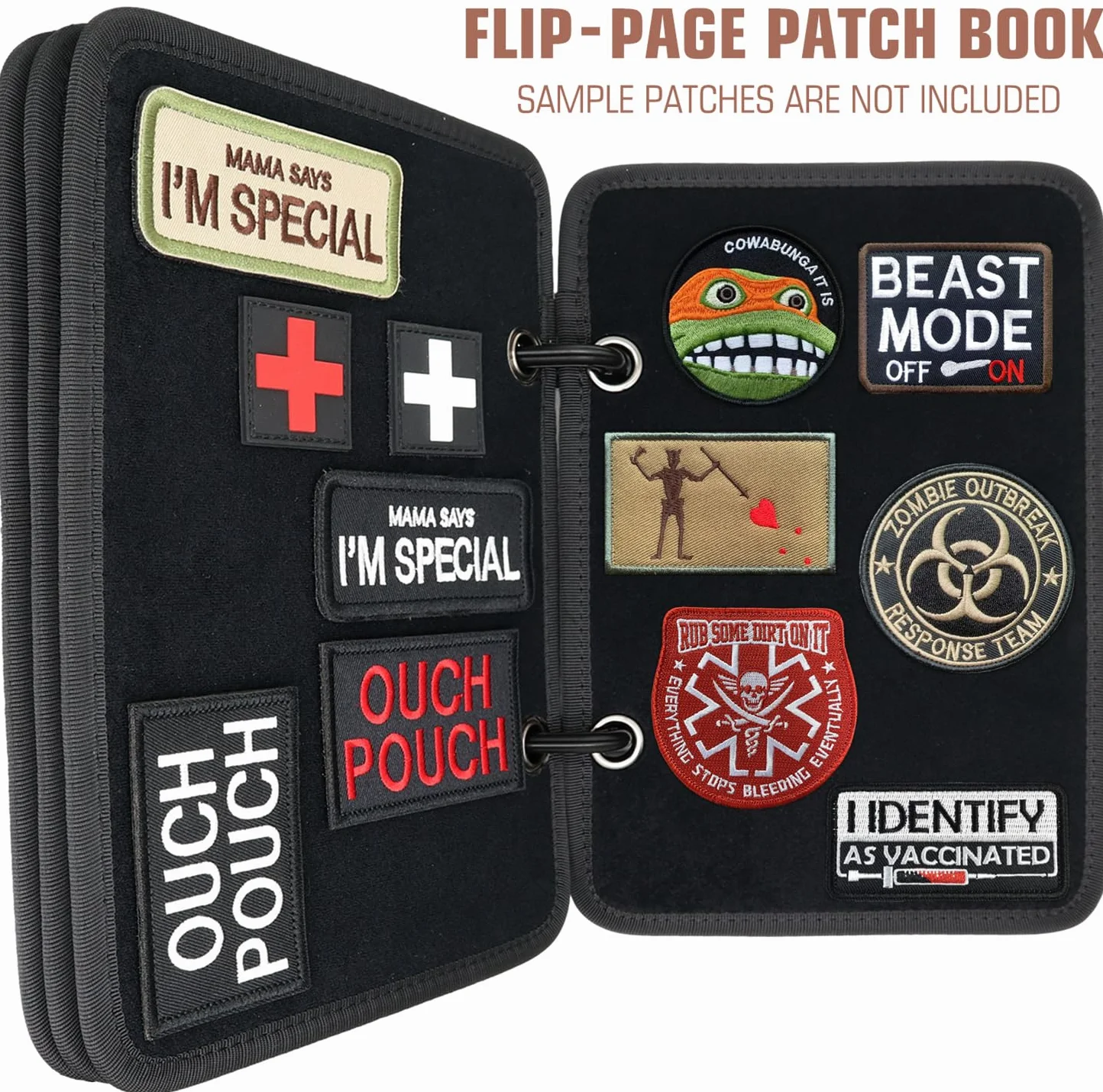 Livret de Patchs 4 Pages Rabattables, Organiseur de Badges Tactiques avec Classeurs à D-Buckles Amovibles Noir