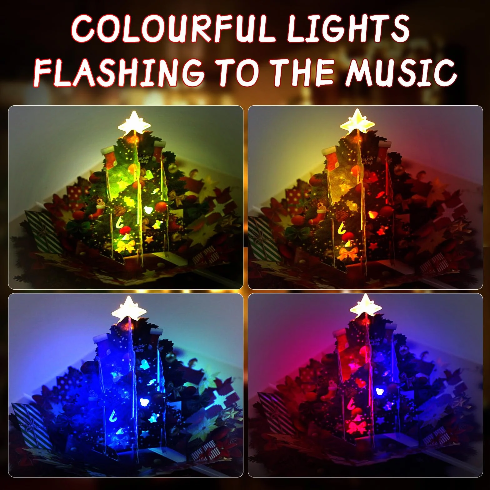 Carte de Noël pop-up avec musique et lumière arbre de Noël 3D cadeau