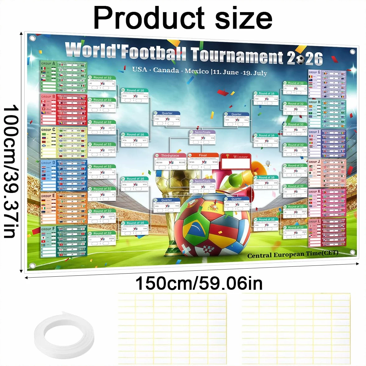 Calendrier Coupe du Monde 2026 150x100cm avec autocollants correcteurs et cordon 48 équipes groupes dates éliminations directes