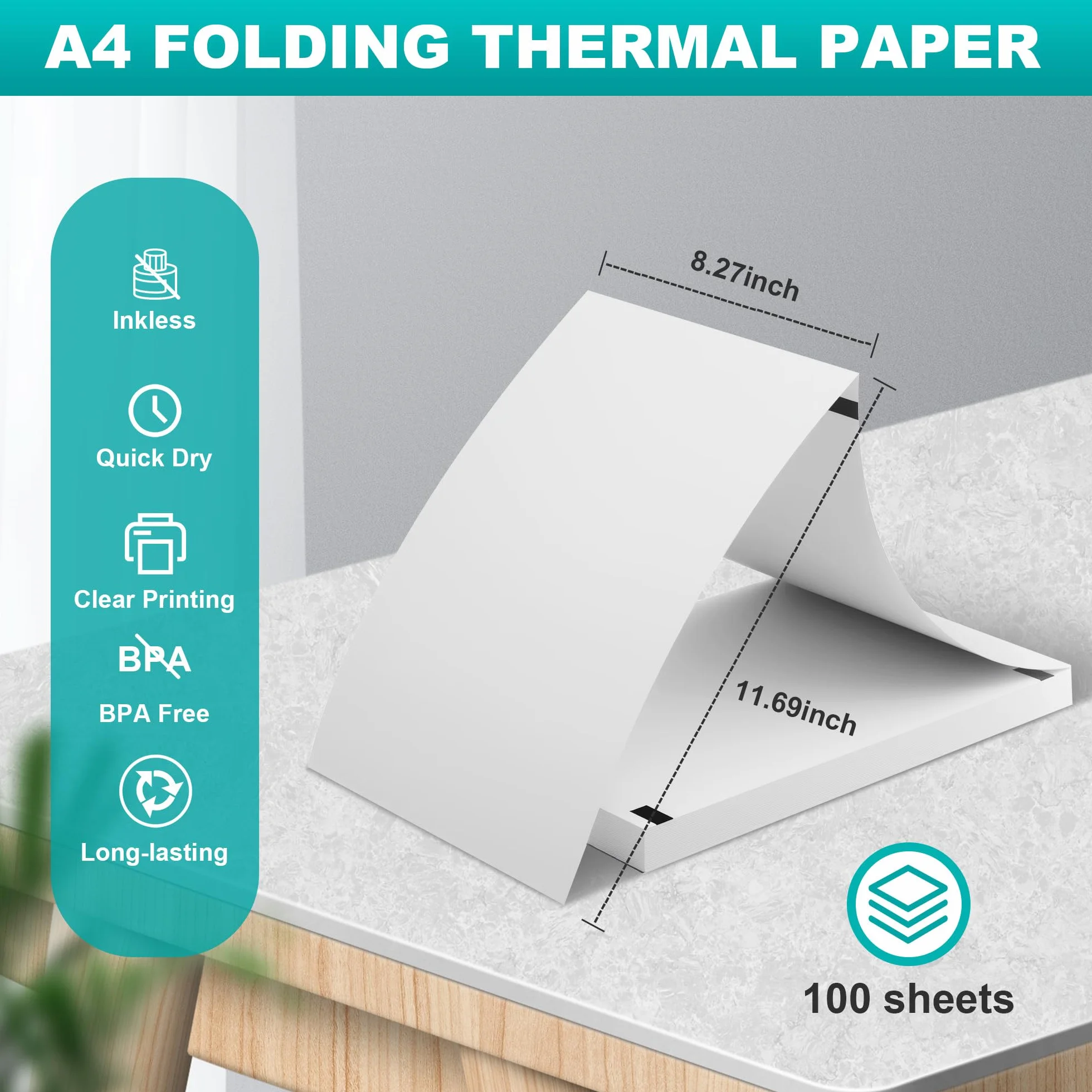 Papier Thermique A4 Pliable 100 Feuilles Sans BPA Séchage Rapide pour Imprimante Thermique