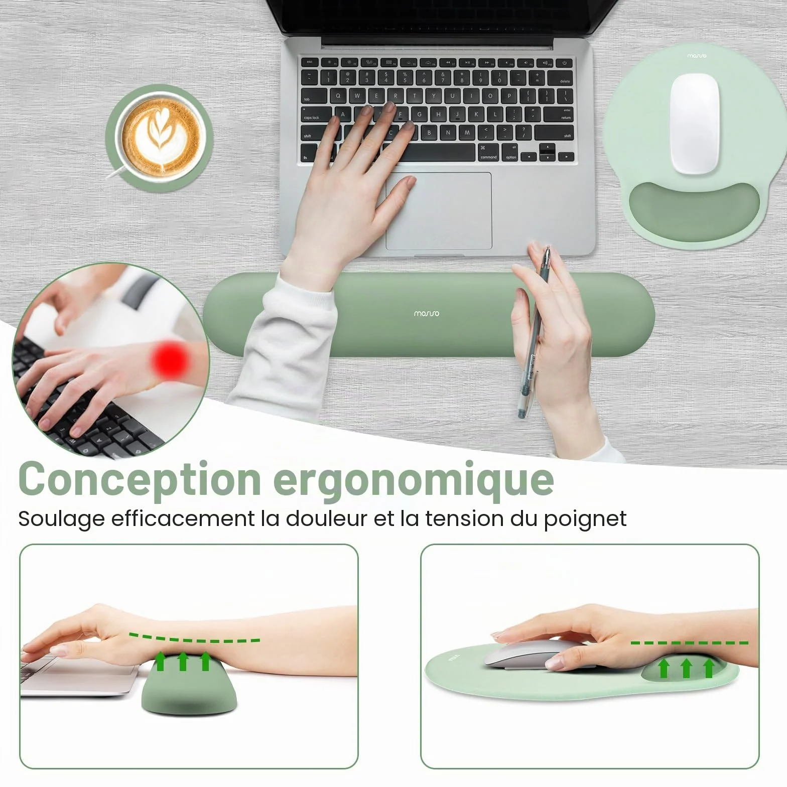 MOSISO Repose-Poignet Souris & Clavier Courbe Circulaire Ergonomique Base Antidérapante Soulagement Douleur Tissu Doux Mousse Mémoire Surélevée Vert Antique