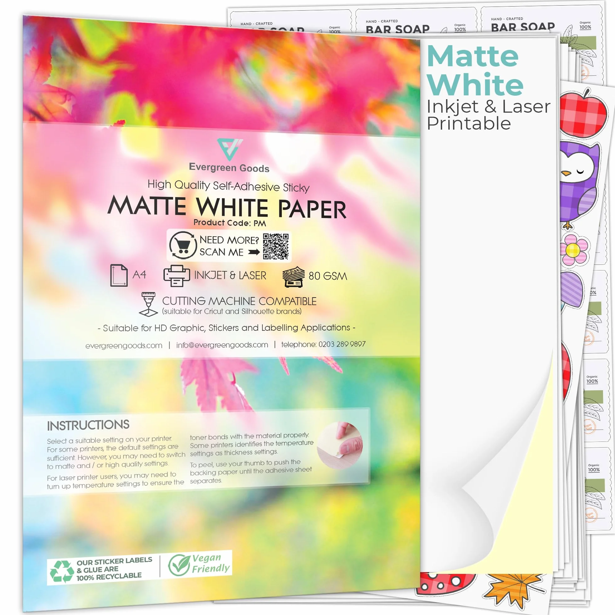Evergreen Goods 100 feuilles A4 papier autocollant blanc mat pour imprimante jet d'encre laser étiquettes HD