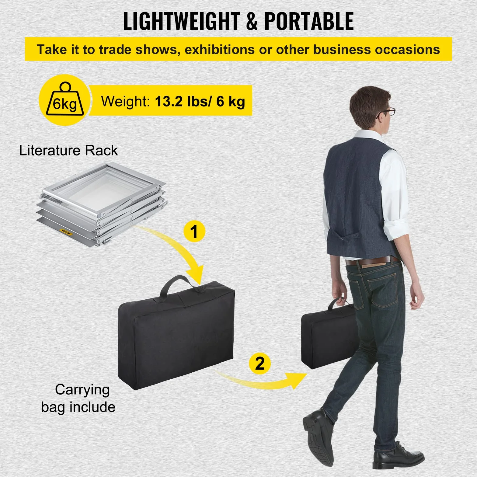 VEVOR Présentoir à Brochures en Alliage Aluminium Pliable 6 Compartiments A4 Portable 26x36x152 cm