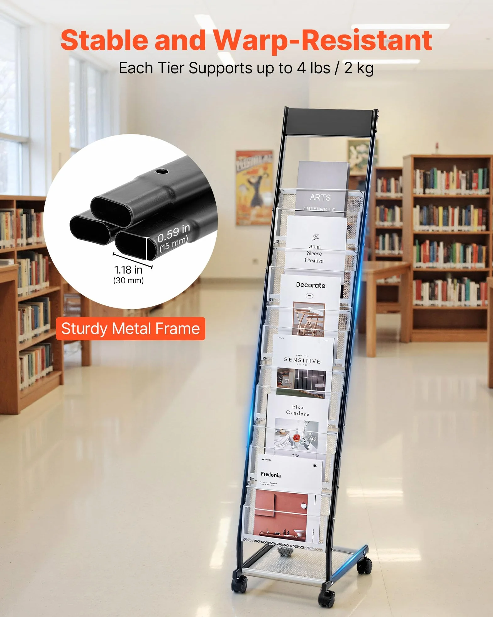 VEVOR Présentoir à brochures 6 niveaux, porte-brochures sur pied avec roulettes, porte-revue en métal mobile pour expositions