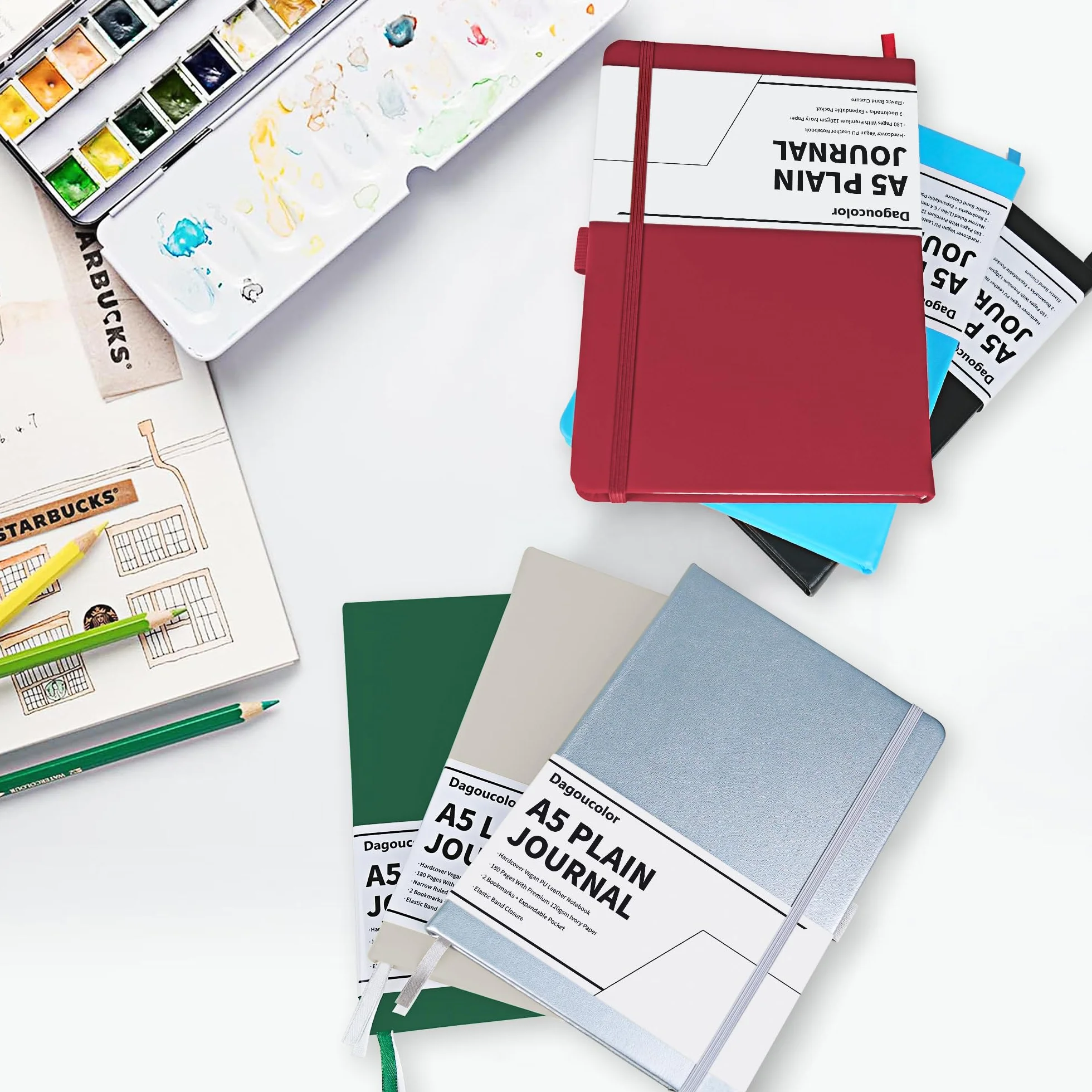 Carnet De Notes en Cuir PU A5 120GSM 90 Feuilles 180 Pages avec Poche et Fermeture de Bande élastique