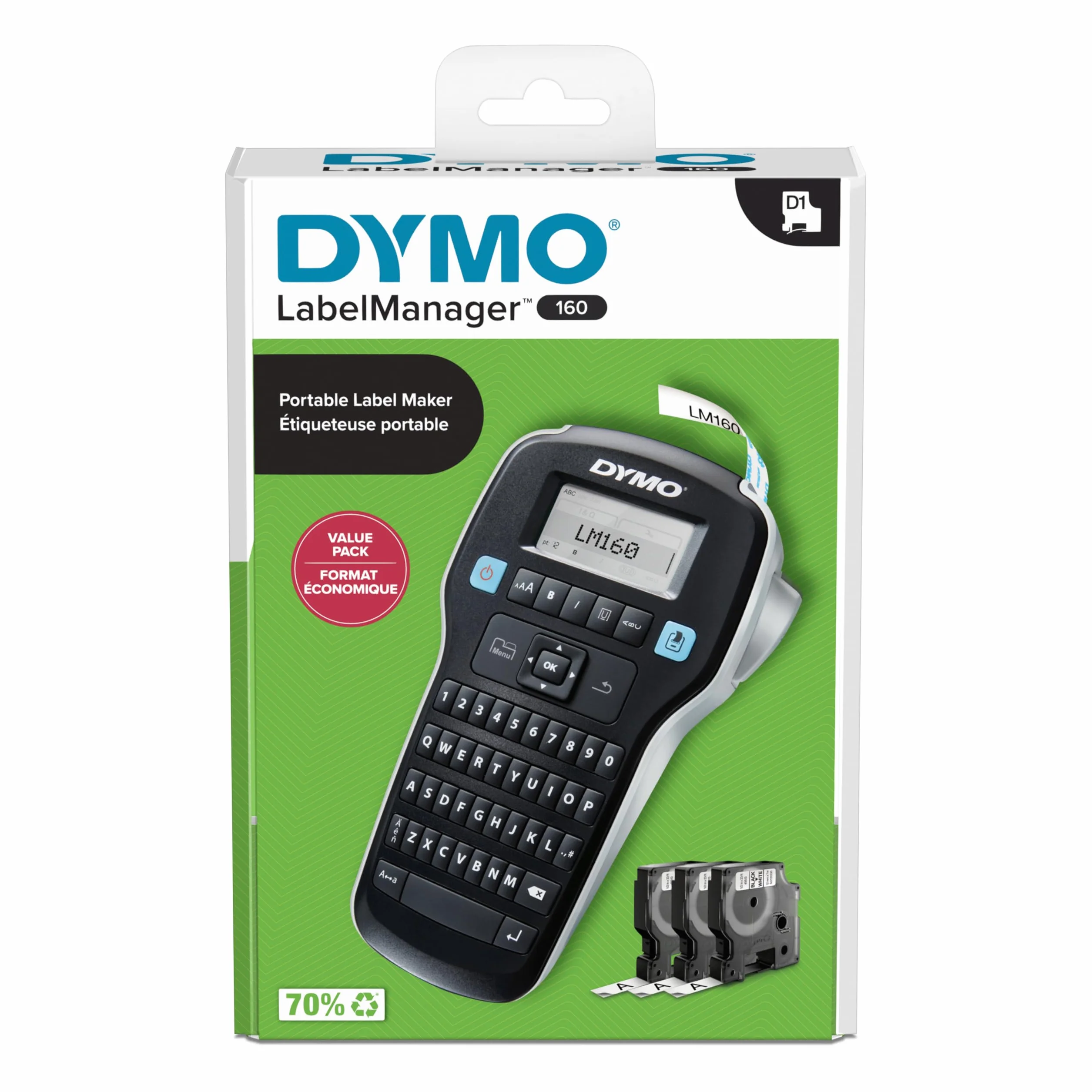 DYMO LabelManager 160 Imprimante d'étiquettes Portable avec 3 Rouleaux Ruban D1 Clavier QWERTY