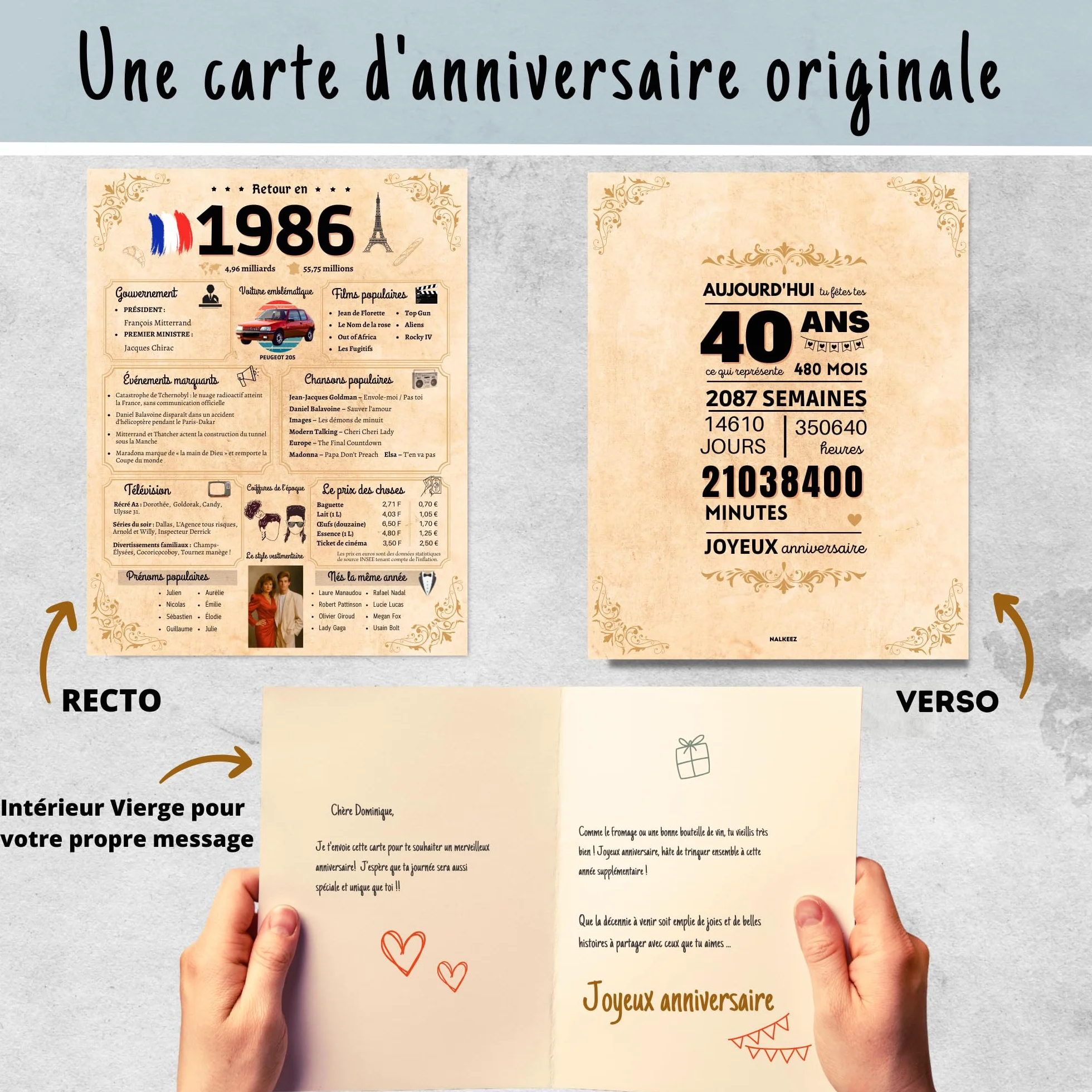 Carte Anniversaire 40 Ans Originale avec Enveloppe et Sceau de Cire - Idée Cadeau Humour Homme Femme Couple Retour en 1986