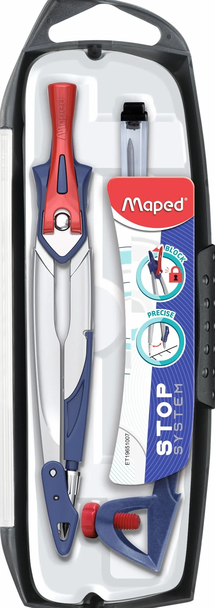 Maped Coffret Compas Stop System 3 pièces - Système de Verrouillage Breveté - Sécurité Protège Pointe et Mine