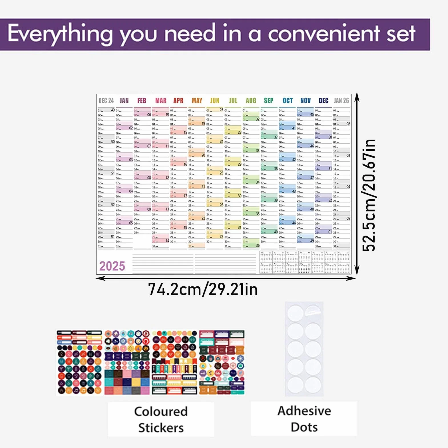 Calendrier Mural Annuel 2025 Cartonné Grand Format 74,2x52 Cm Arc En Ciels