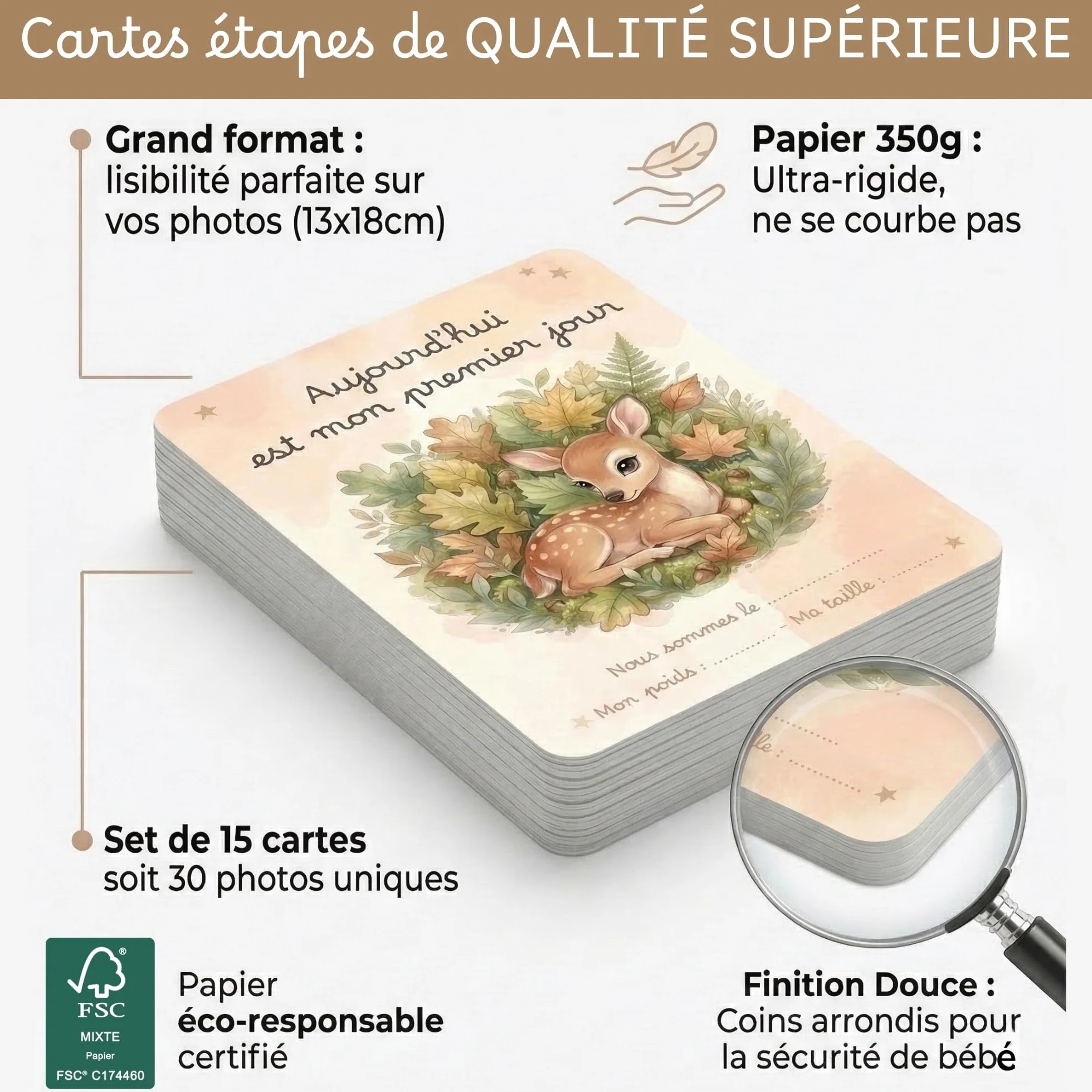 Cartes étapes bébé 0-12 mois Animaux de la forêt 15 cartes grand format 13x18 cm recto/verso Fabriqué en France