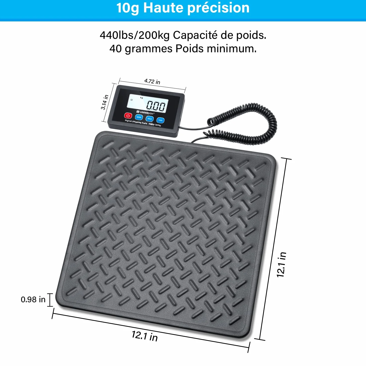 Balance postale numérique UNIWEIGH 200 kg x 10 g, plate-forme en acier, fonction LCD/Hold/Tare