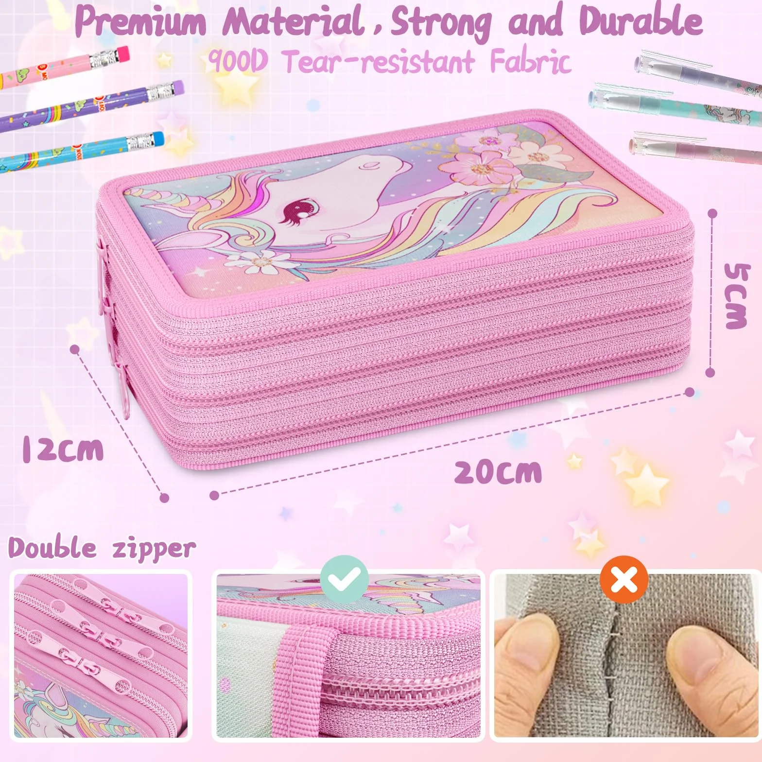 Trousse 3 Compartiments 2025 Double Compartiment Mise à Niveau Fermeture éclair Double Curseur Fille Rose