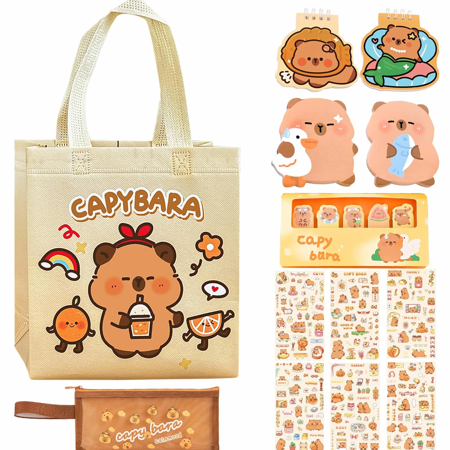 Ensemble de Capybara Papeterie Trousse Scolaire avec Post It Livre Mini Cahier Spirale Stickers Sac Cadeau