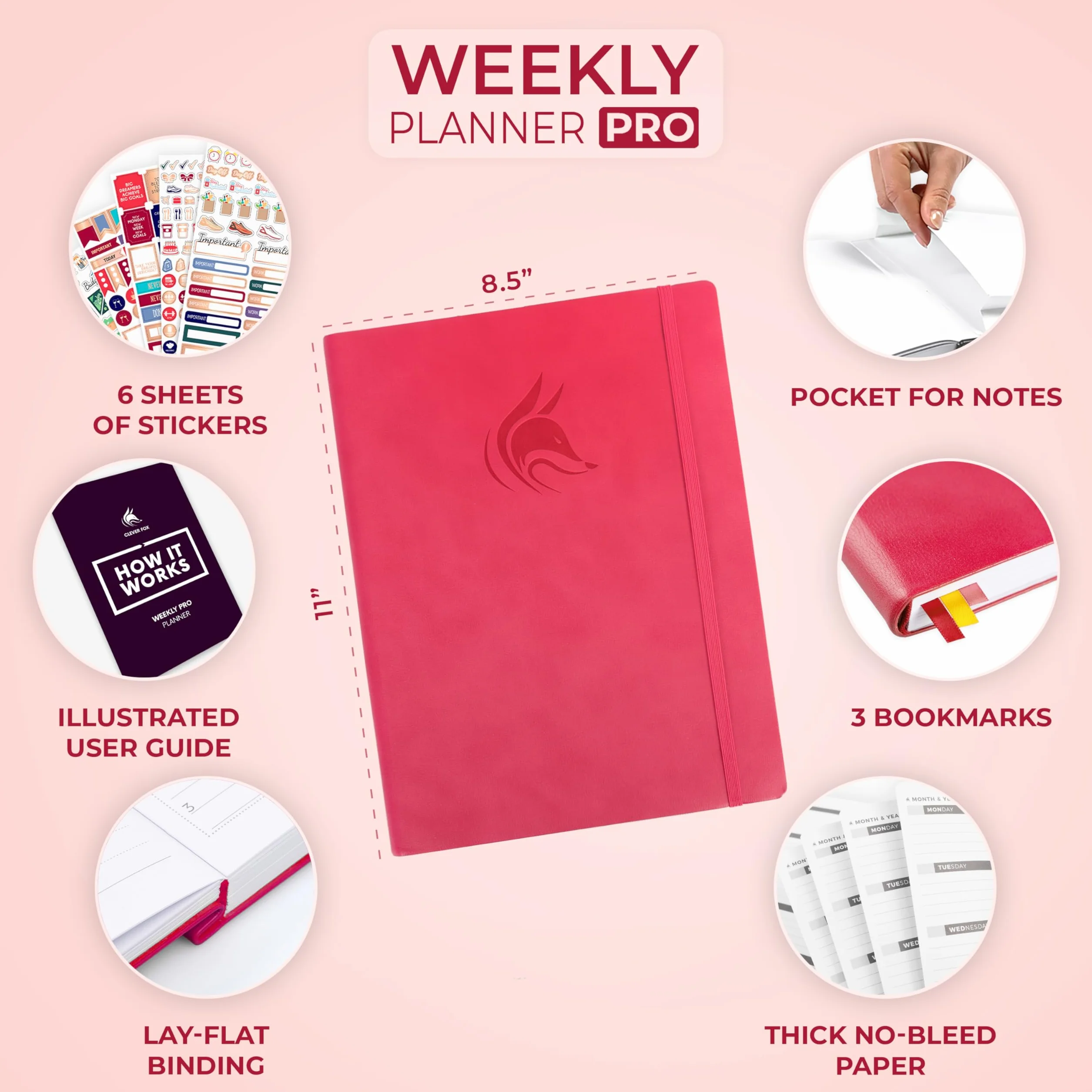 Clever Fox PRO Agenda de vie hebdomadaire et mensuel A4 Non daté Rose foncé