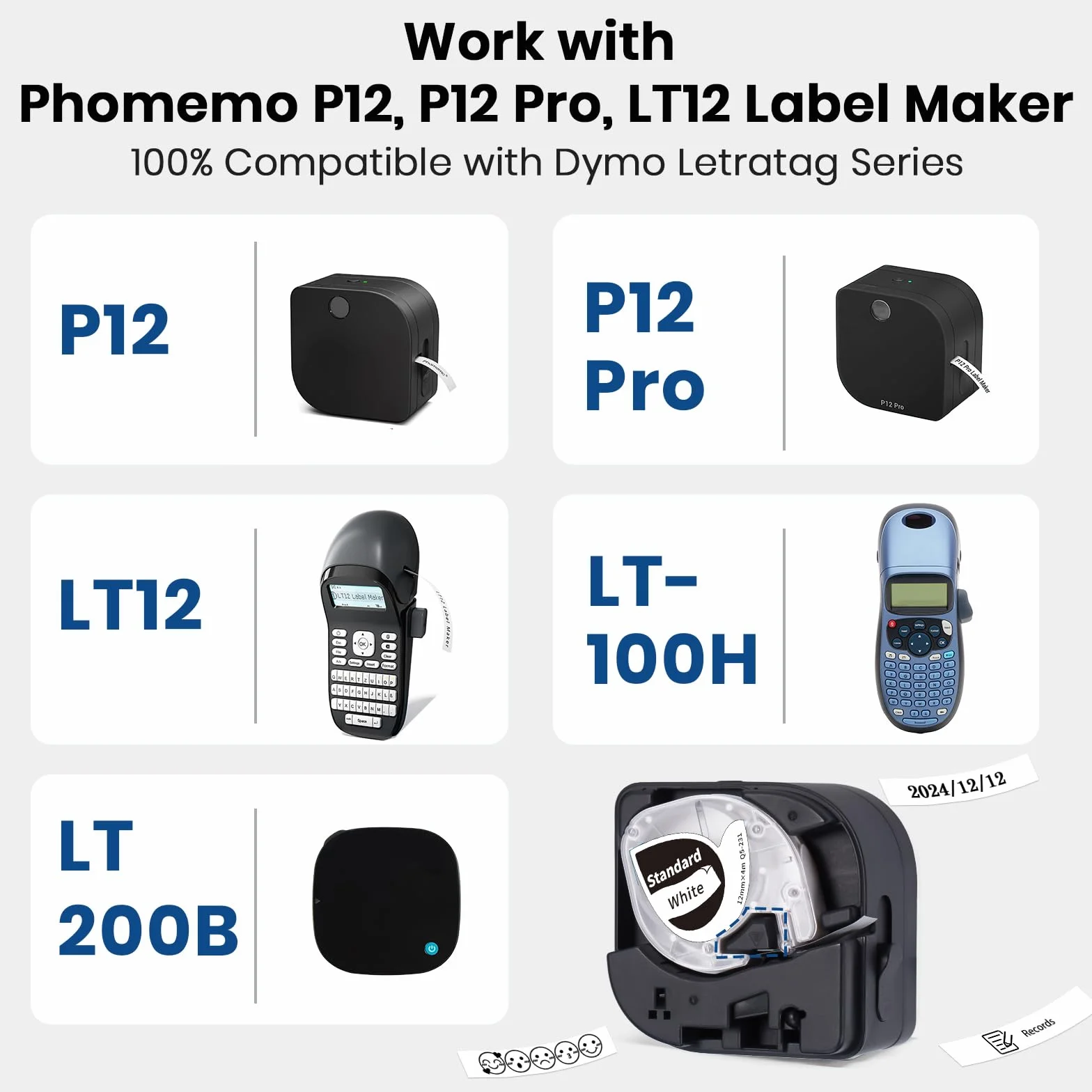 Phomemo P12 Étiquette Thermocollante Vetement 12mm x 2m Noir sur Blanc Compatible Dymo LetraTag LT-100H LT-100T