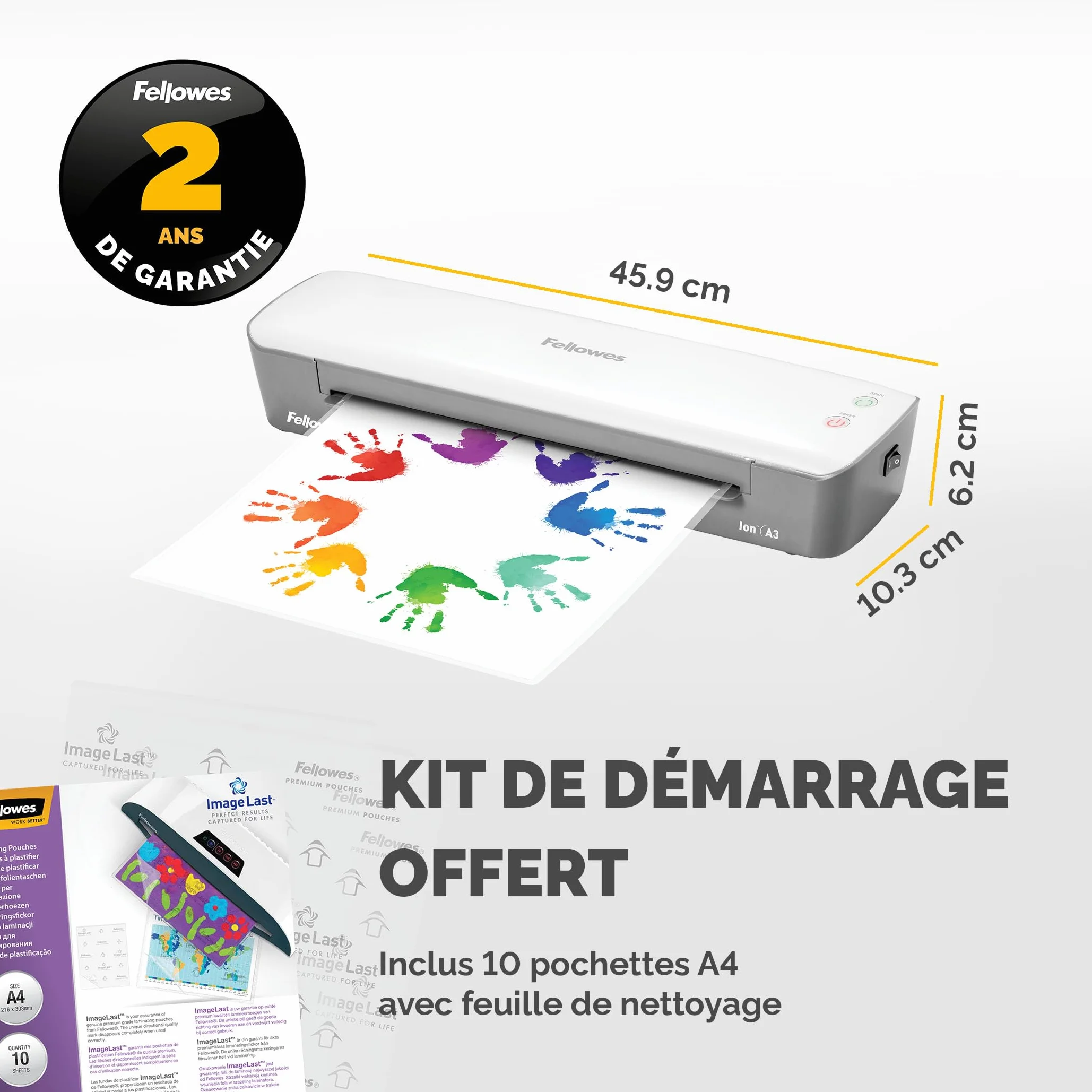 Fellowes Plastifieuse Ion A3 80-125 microns 30 cm/min temps de chauffe 4 minutes avec 10 pochettes