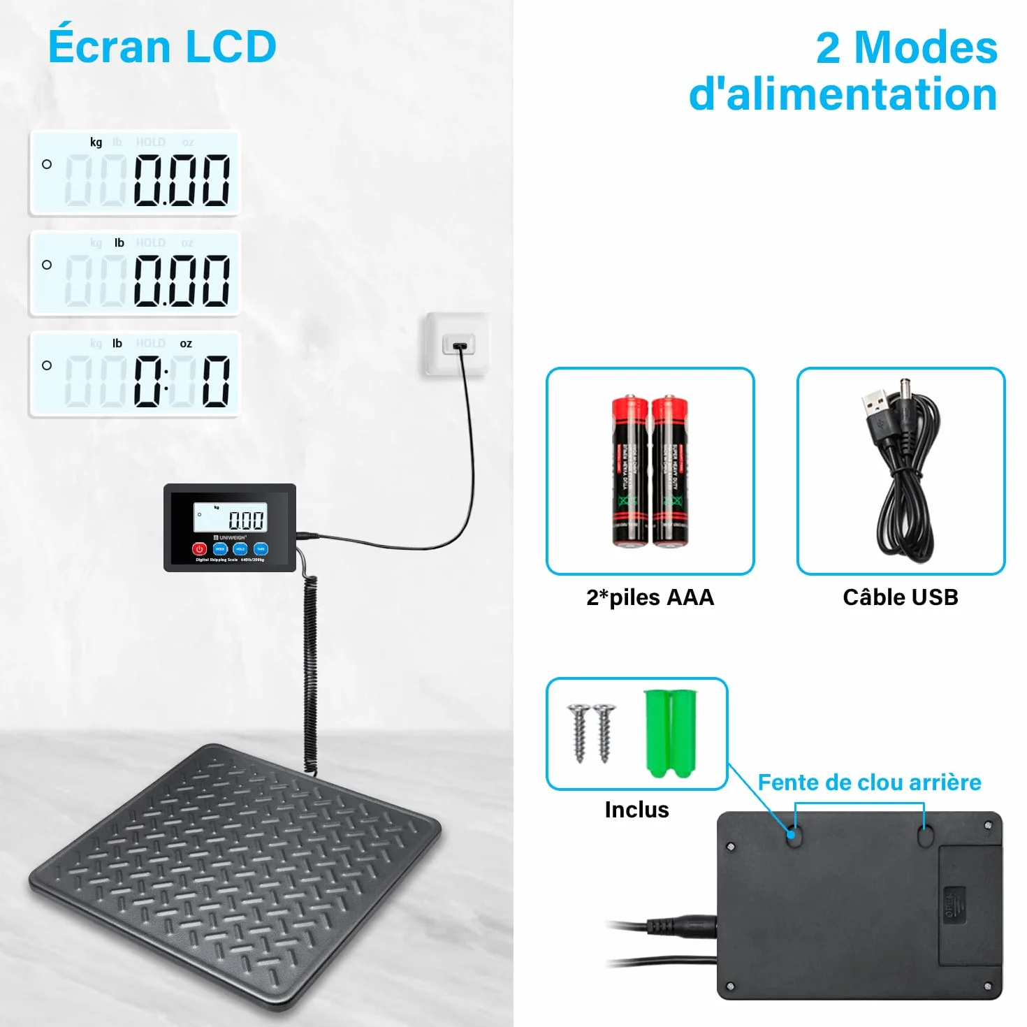 Balance postale numérique UNIWEIGH 200 kg x 10 g, plate-forme en acier, fonction LCD/Hold/Tare