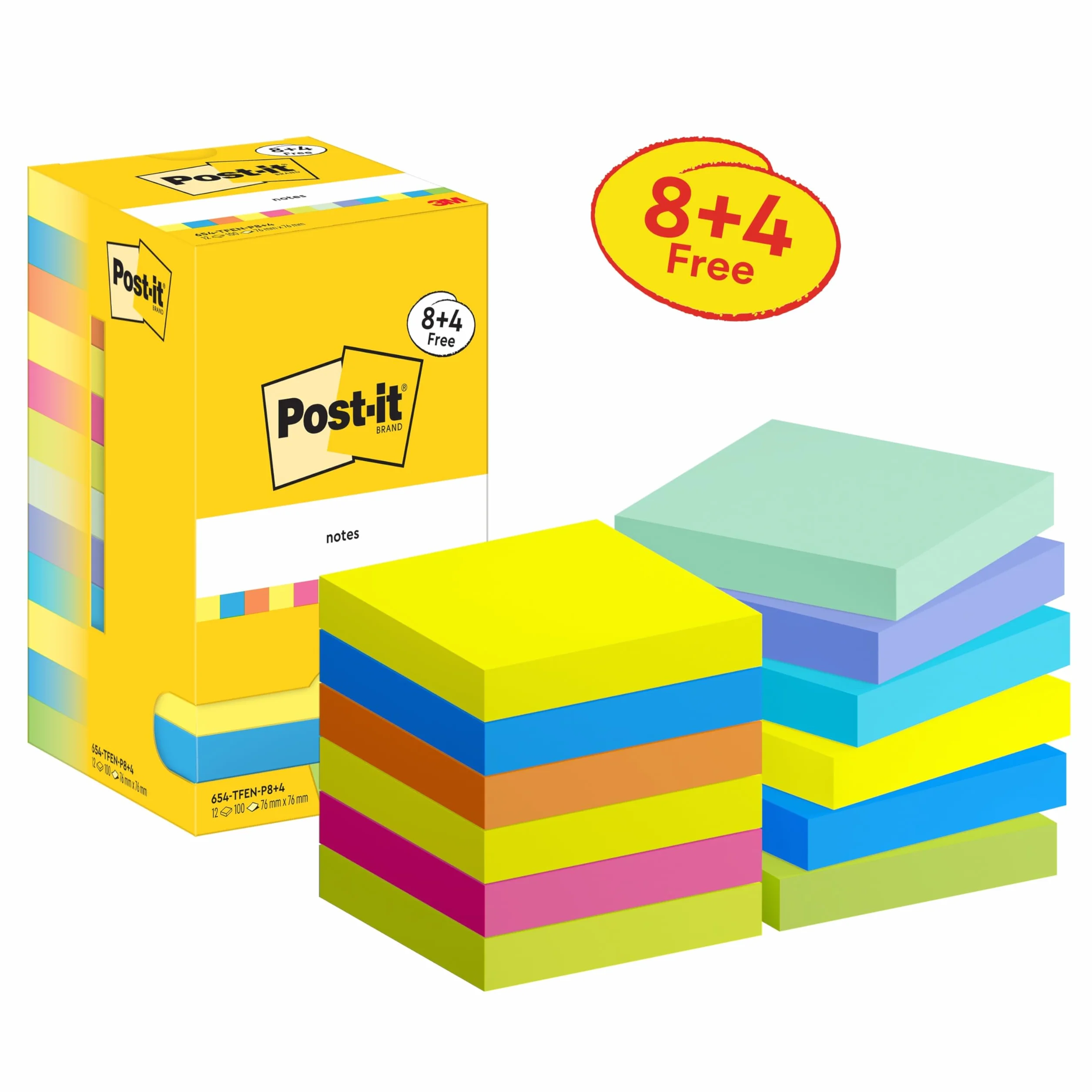 Post-it Notes Autocollantes 76 mm x 76 mm, 100 Feuilles par Bloc, Pack de 8 Blocs + 4 GRATUITS, Couleurs Energetic