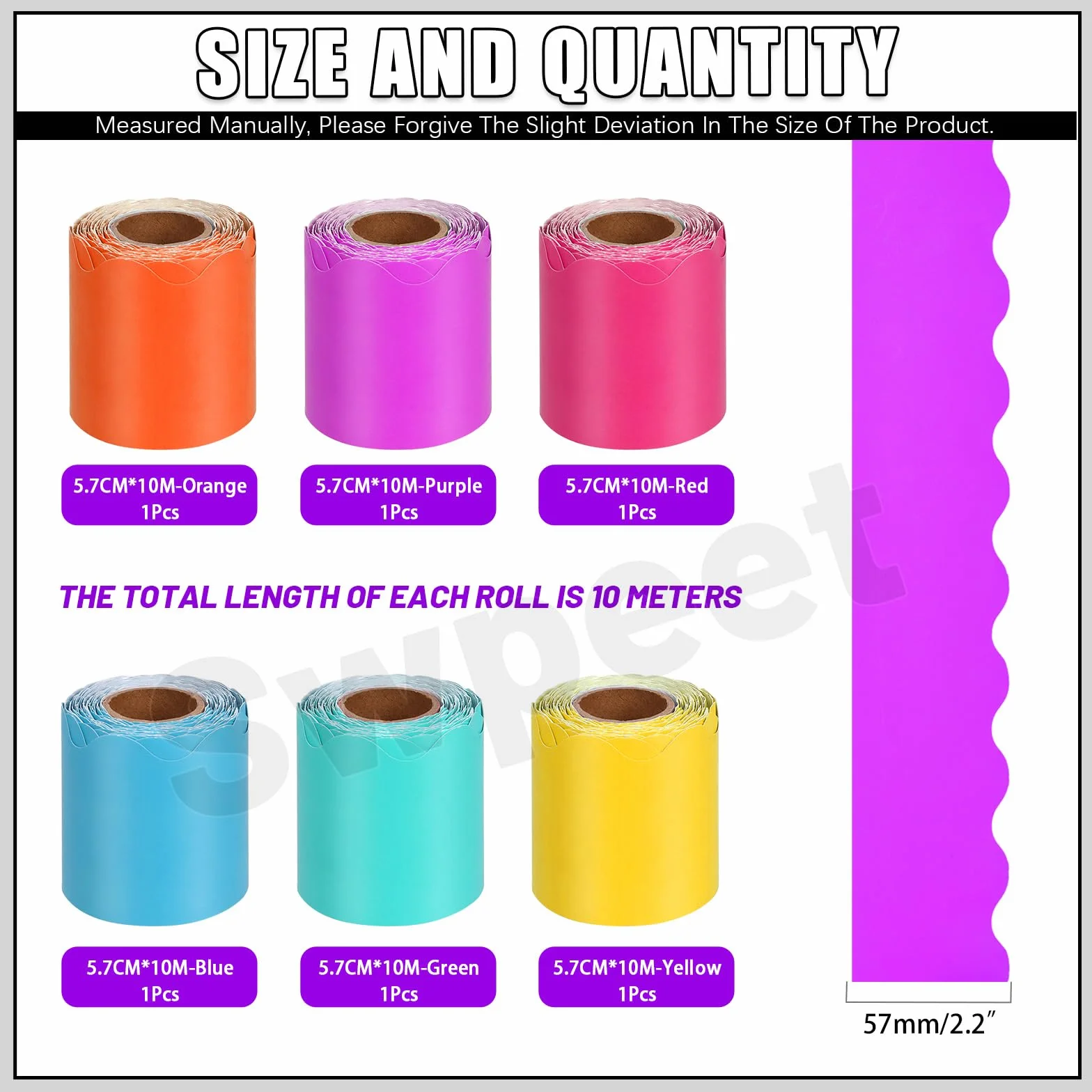 Swpeet 6 rouleaux 196.8 pieds 6 couleurs panneau d'affichage bordure combo Kit