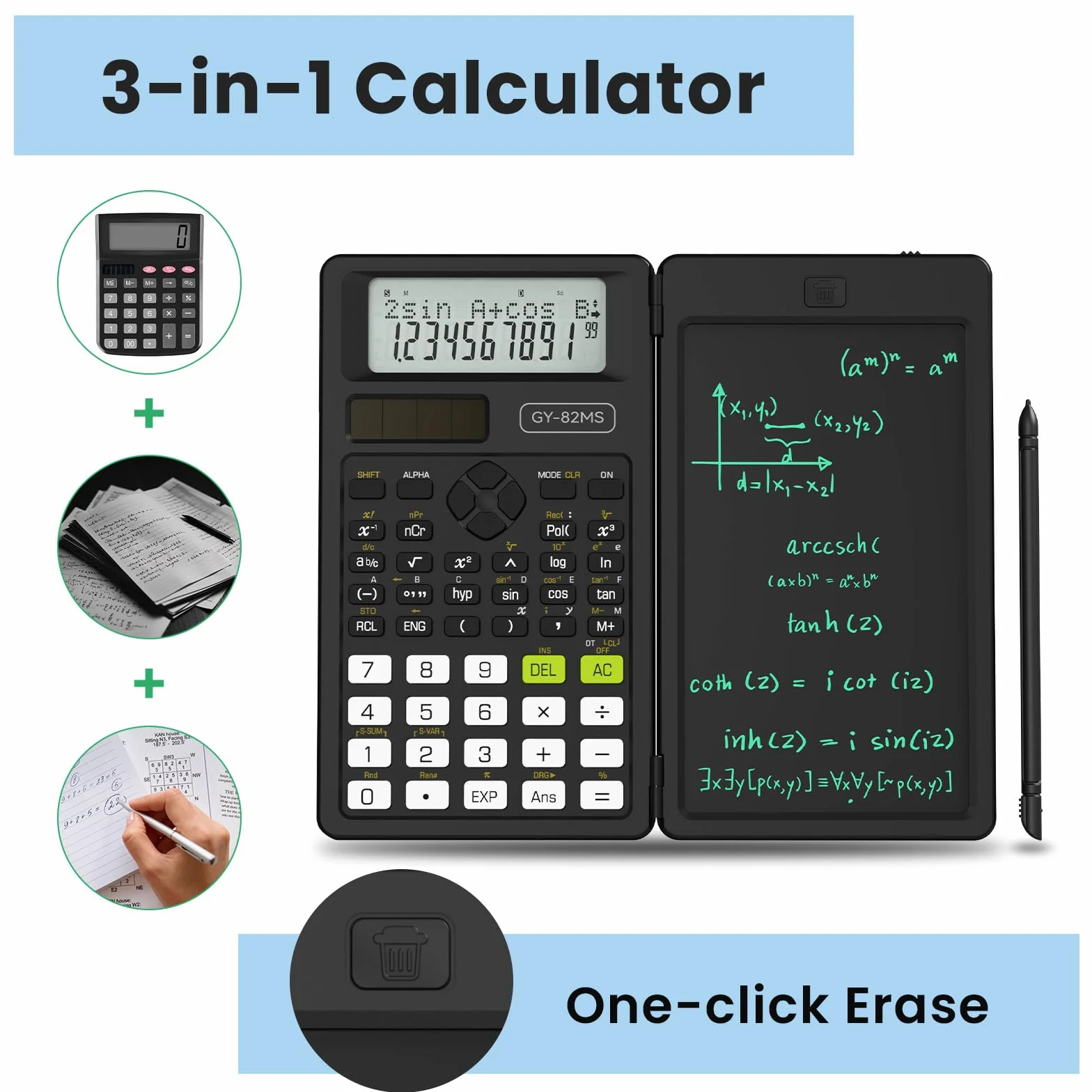 Calculatrice Scientifique ROATEE 82MS Plus Double Alimentation Solaire Pile LCD Réinscriptible Noir Clair
