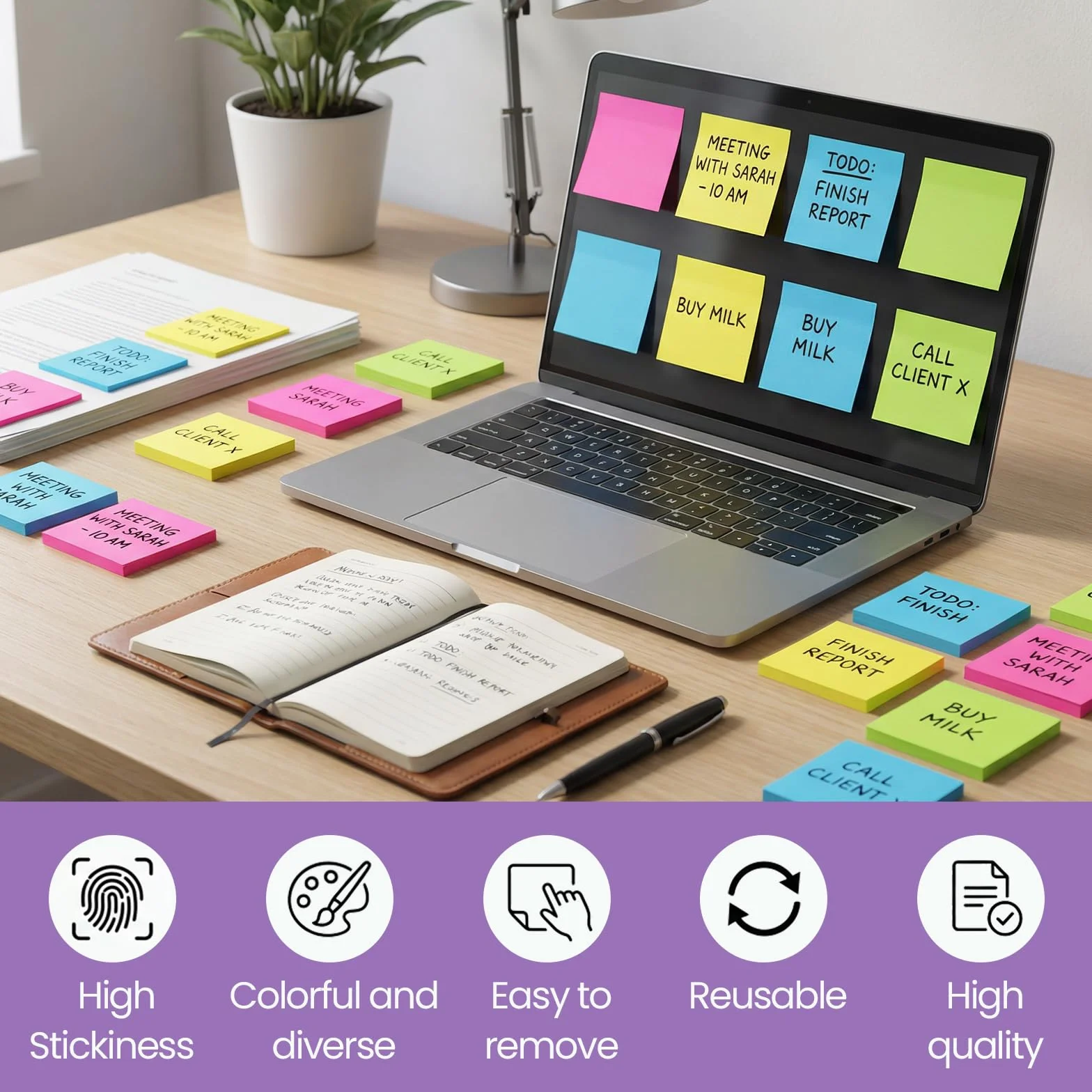 Bloc-notes autocollants 76 x 76 mm 24 blocs couleurs vives pour bureau maison présentations